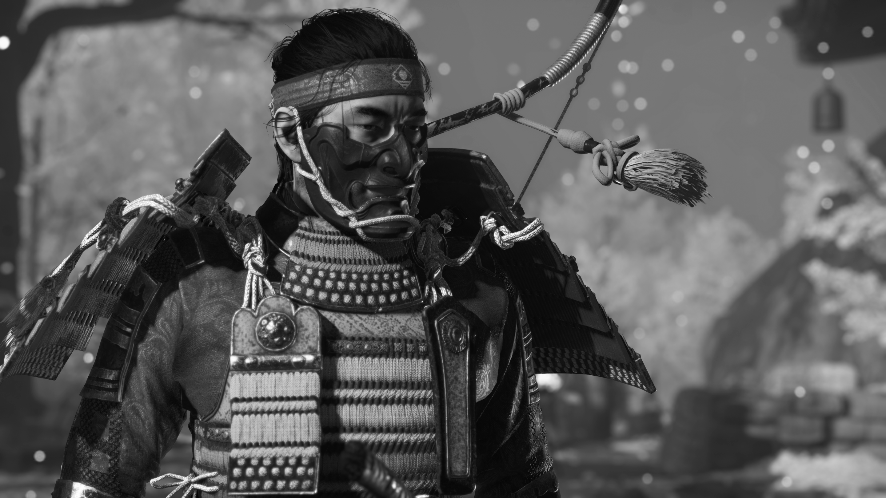 General 2880x1620 Ghost of Tsushima  samurai monochrome armor Japanese Garden low saturation cherry blossom Jin Sakai video games video game characters Sucker Punch Productions