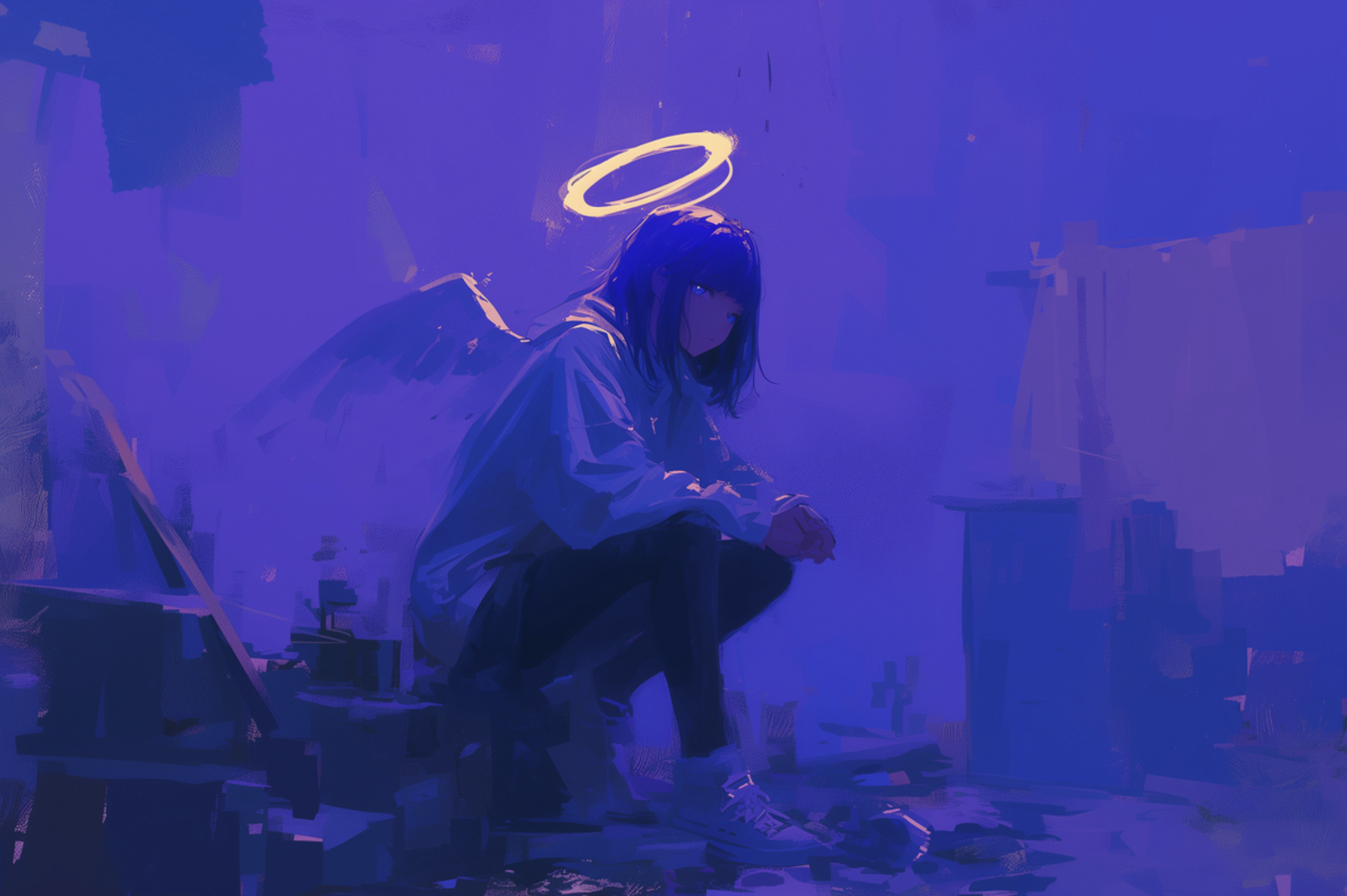 Anime 2092x1392 anime girls AI art nijijourney purple background halo angel girl