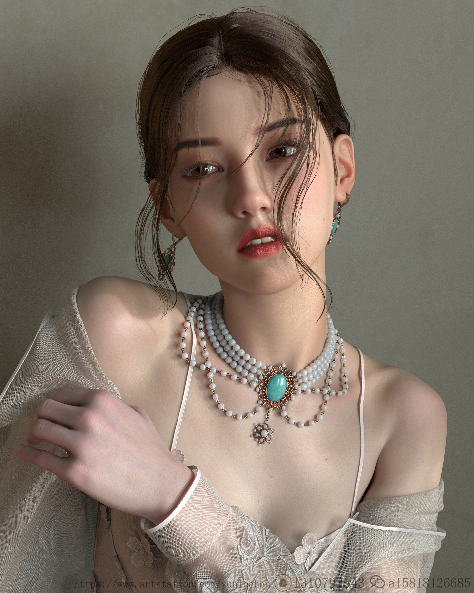 General 1920x2400 Yun Le Chen CGI necklace earring hair in face looking away