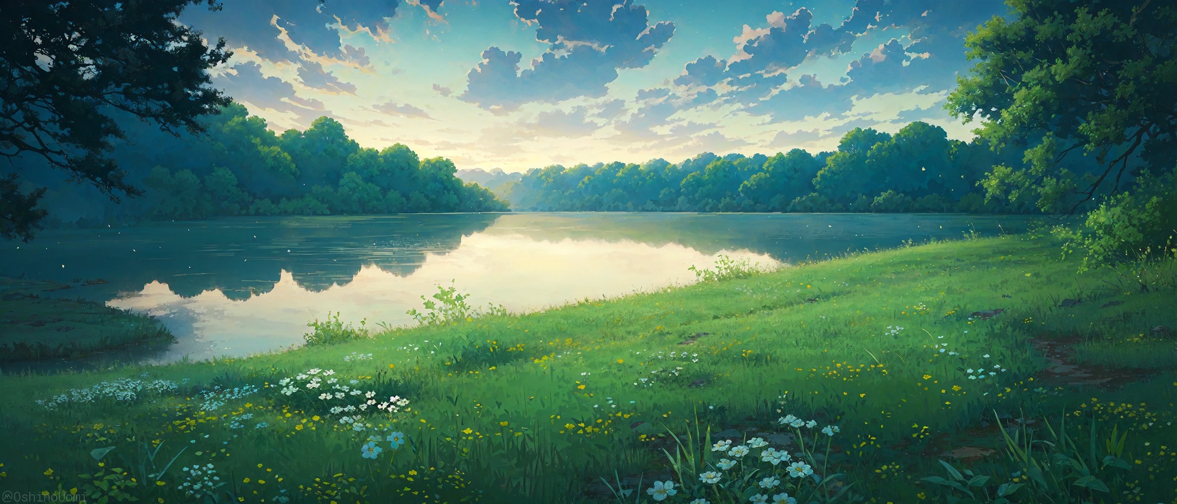 Anime 2333x1000 anime artwork nature landscape trees water lake sky clouds flowers grass