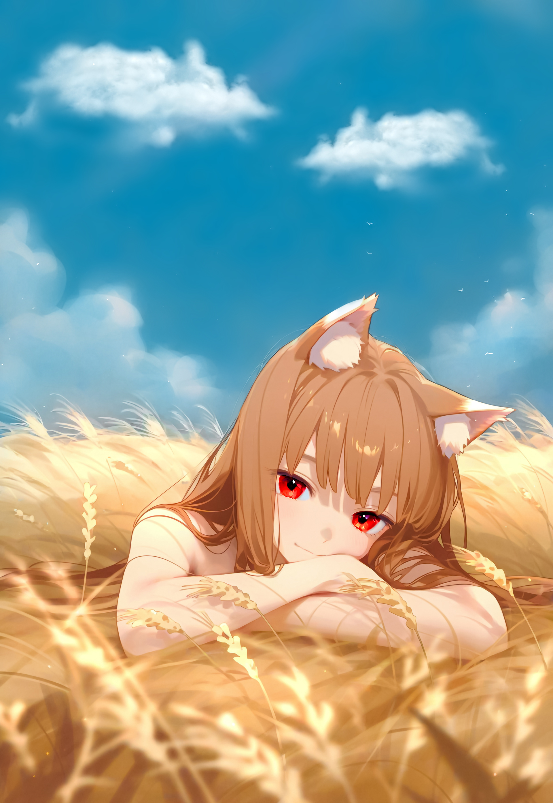 Anime 1920x2784 anime girls Spice and Wolf red eyes Holo (Spice and Wolf) bare shoulders wolf ears
