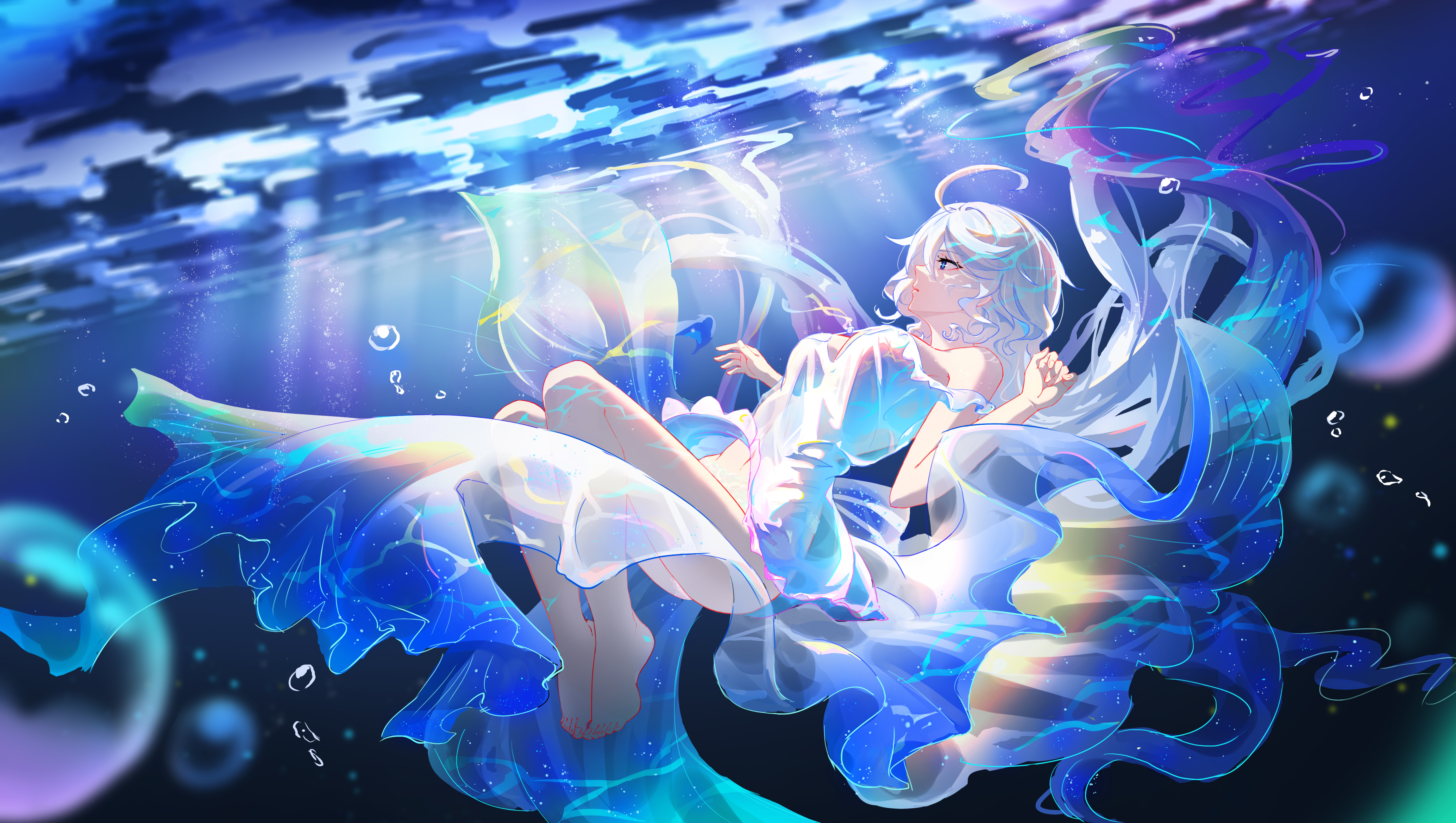 Anime 4600x2600 anime anime girls white hair long hair lifting skirt underwater blue eyes barefoot Furina (Genshin Impact) Genshin Impact