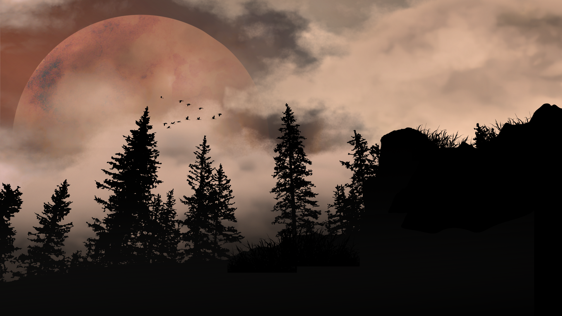 General 1920x1080 forest digital art shadow night sky Moon overcast landscape nature Nature-Digi-Art hills silhouette