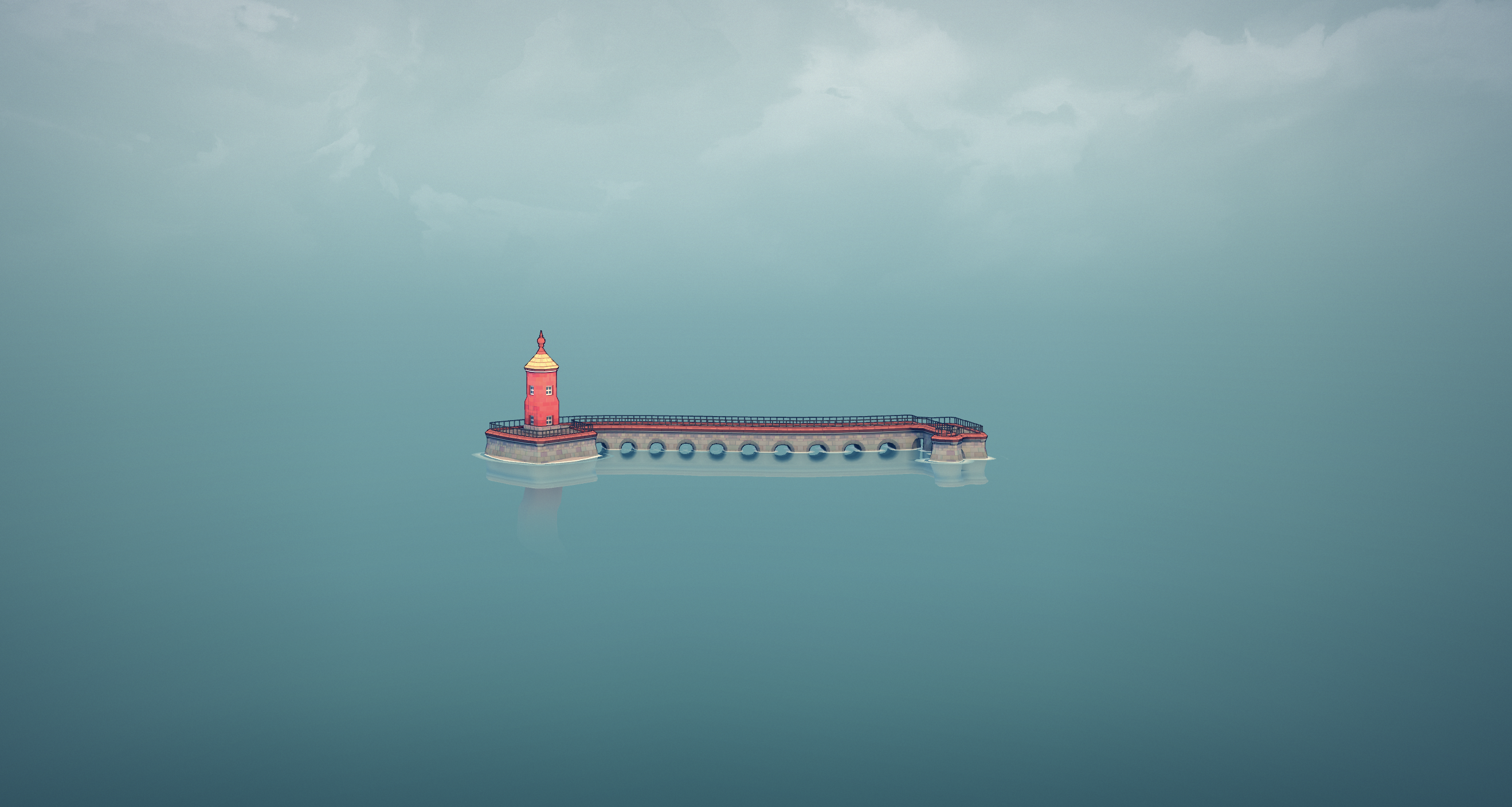 General 2638x1408 online games minimalism house tower building clouds sea bridge simple background Townscaper