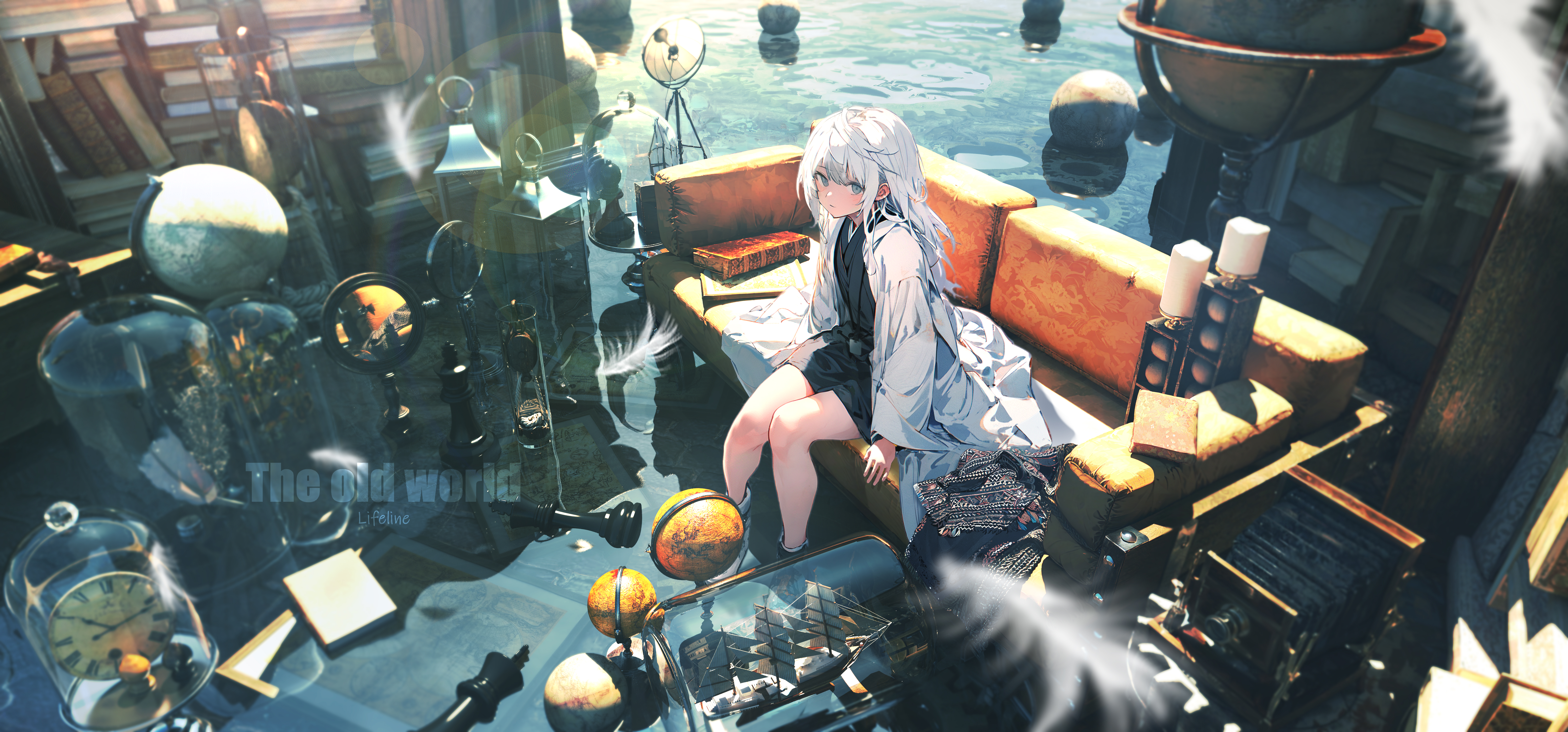 Anime 6000x2800 Lifeline looking at viewer sitting couch books clocks dress water camera long sleeves outdoors high angle white hair blue eyes long hair bottles