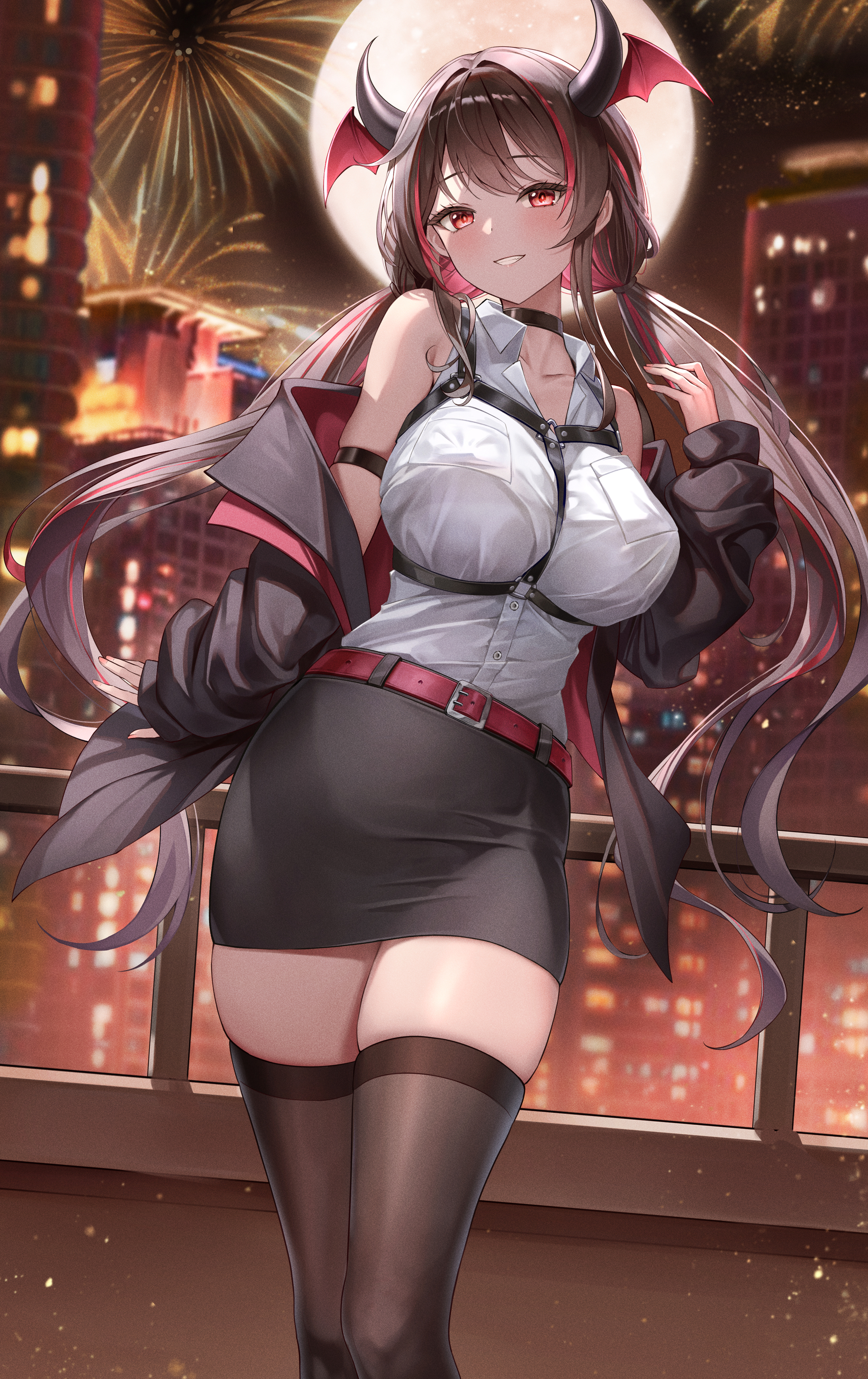 Anime 2100x3336 anime anime girls Lunacle portrait display original characters horns looking at viewer smiling black stockings thighs stockings skindentation bare shoulders building collared shirt standing skinny big boobs two tone hair red eyes collarbone fireworks belt skirt night head wings twintails full moon moonlight Moon choker teeth chest harness city lights