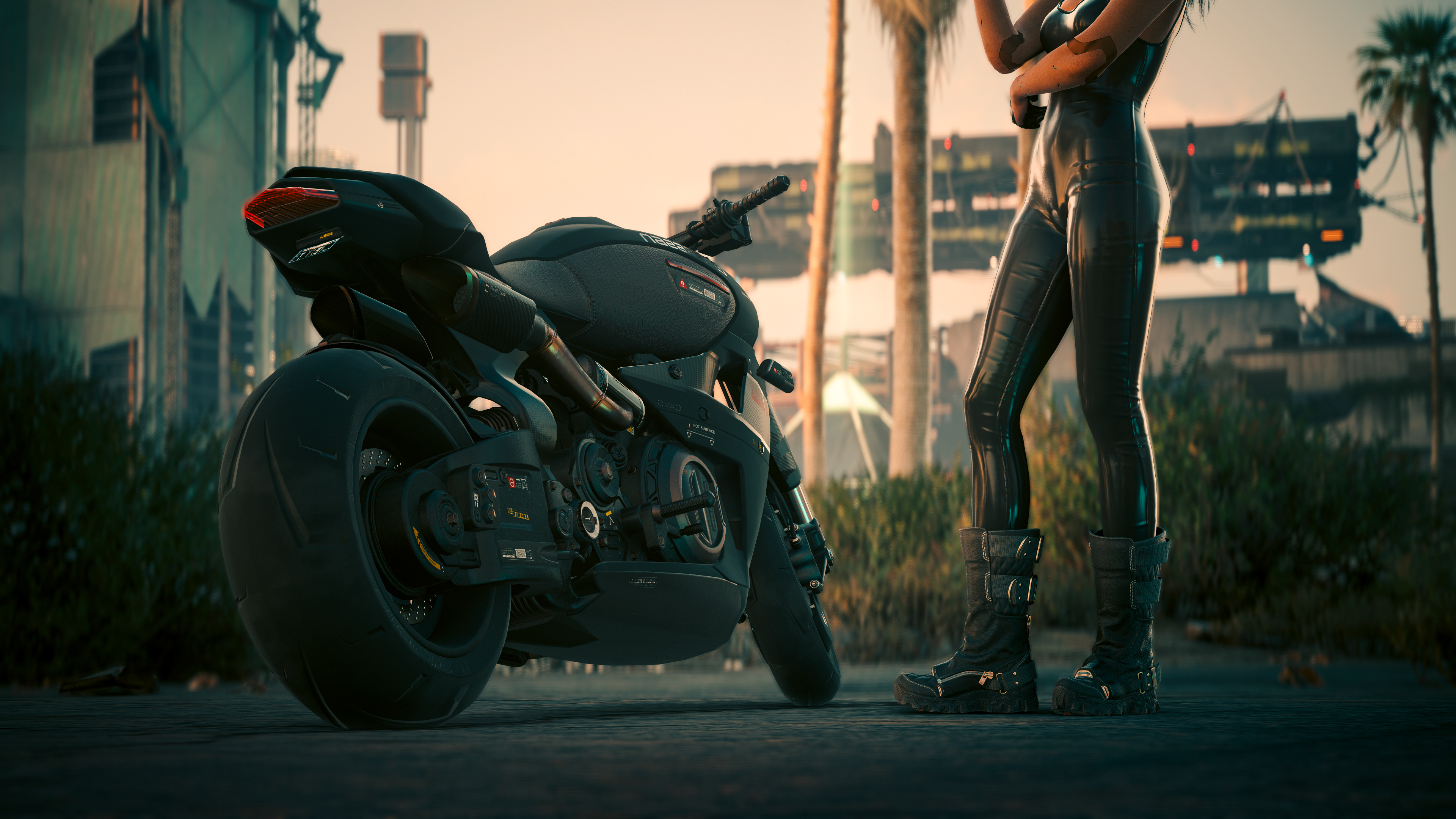 General 3840x2160 V (Cyberpunk 2077) CD Projekt RED digital art women video game girls video game characters CGI Cyberpunk 2077 standing cyberpunk video game art screen shot vehicle women with motorcycles wheels video games palm trees boots motorcycle