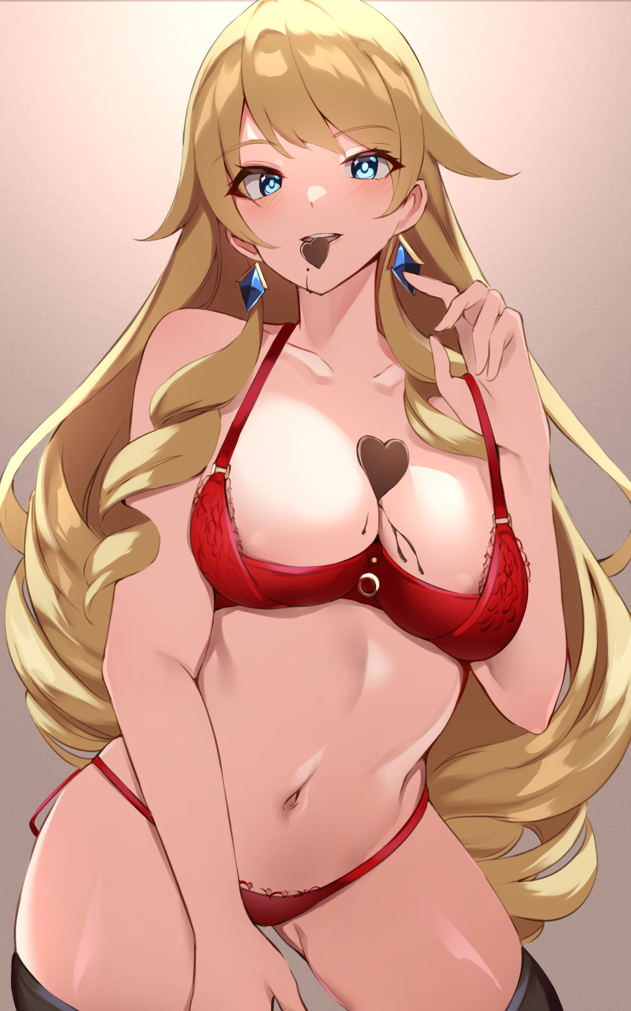 Anime 1256x2012 anime anime girls Navia (Genshin Impact) bra Genshin Impact Haneramu red bra red panties panties looking at viewer belly belly button blonde blue eyes long hair stockings sidelocks earring collarbone cleavage mouth hold drill hair chocolate portrait display thick thigh thighs