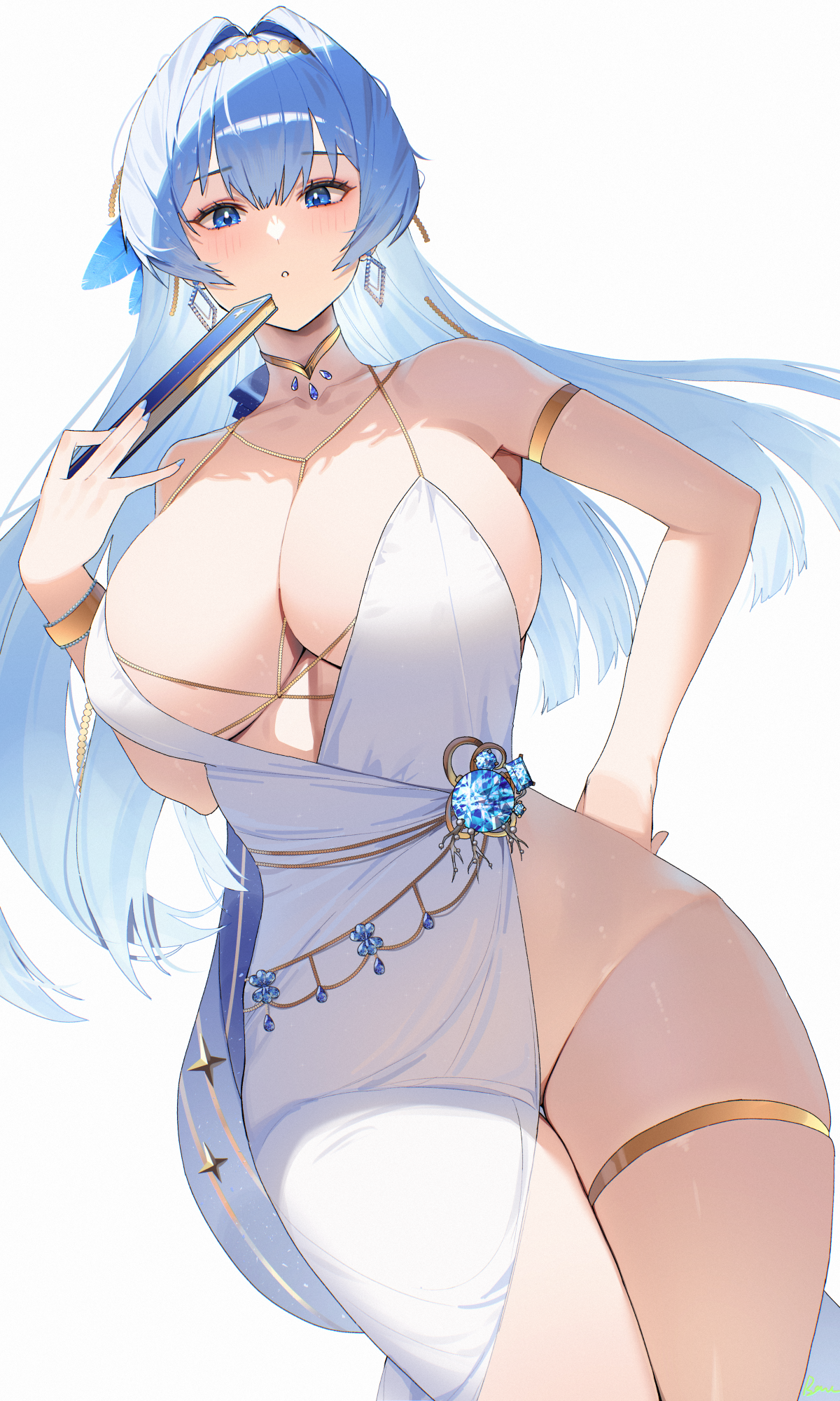 Anime 1200x2000 Nikke: The Goddess of Victory portrait display long hair Helm (Nikke) white dress hands on hips thigh strap huge breasts parted lips Tachibana-san blue eyes hair between eyes thighs white background nopan simple background fans hair ornament blue hair looking at viewer jewelry leg ring thigh band thighs together standing the gap hands on waist frontal view
