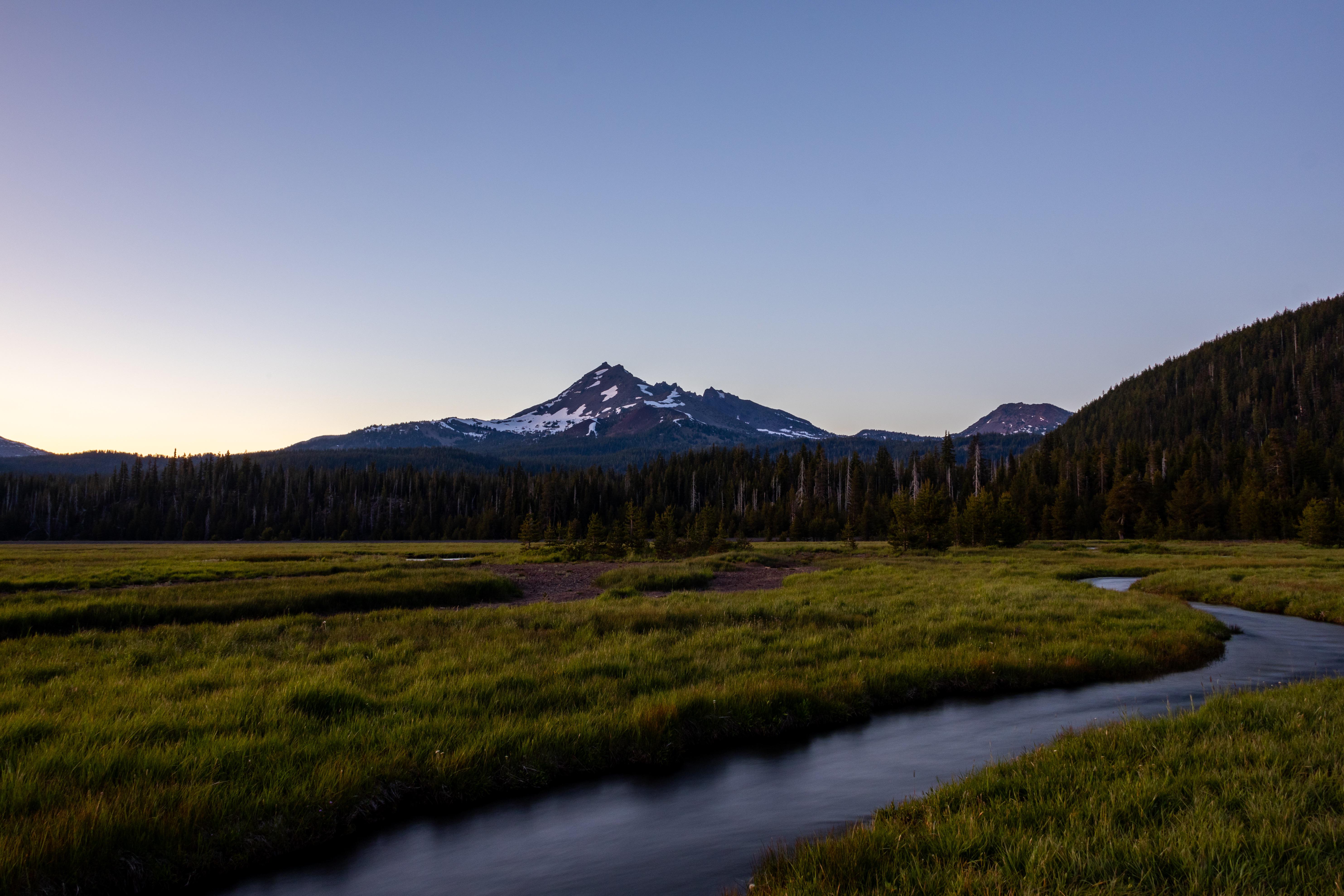 General 5933x3955 river sunset landscape nature Oregon mountains forest field USA North America pine trees snow