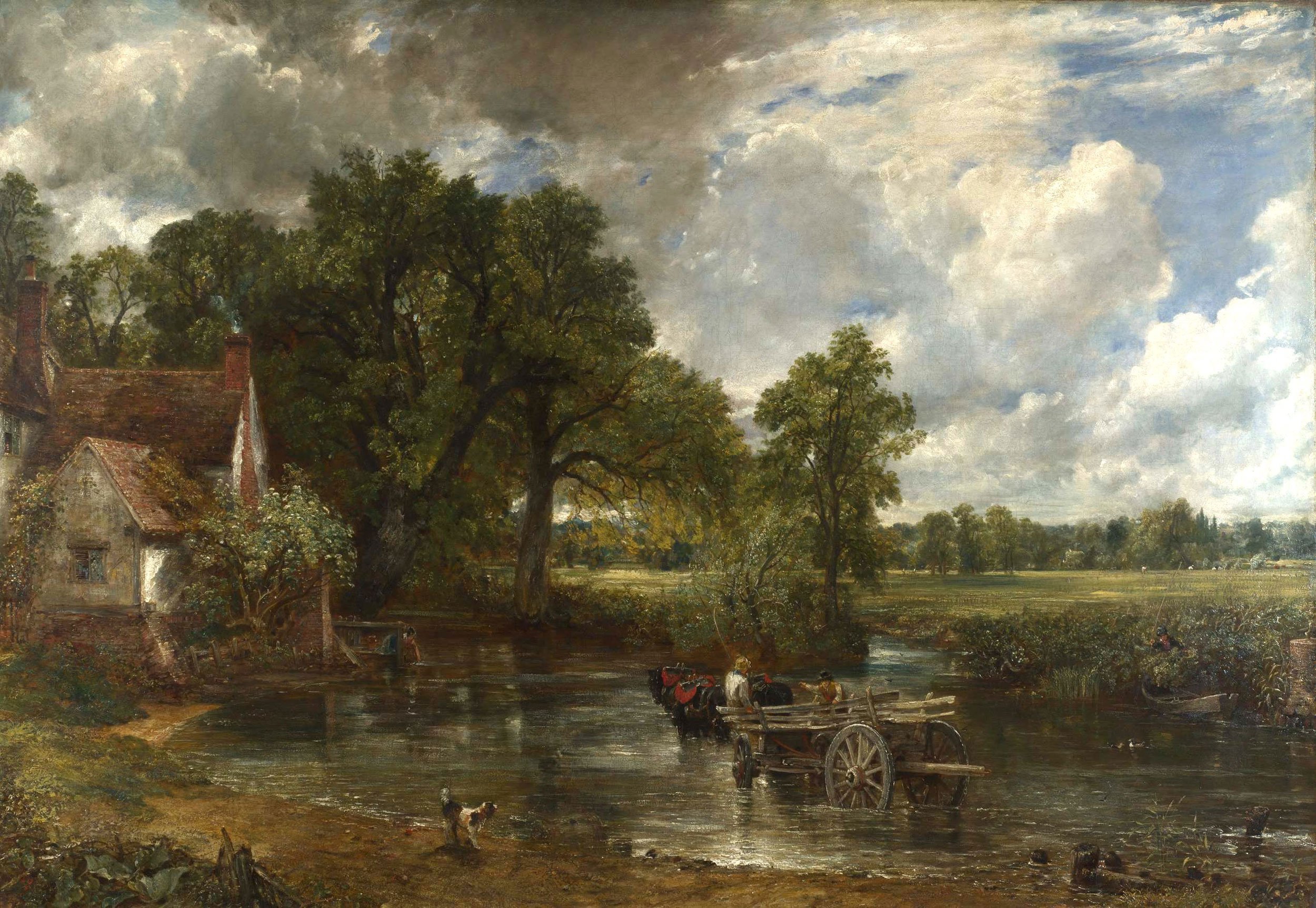 General 2500x1724 classic art painting John Constable landscape trees house river horse dog sky clouds