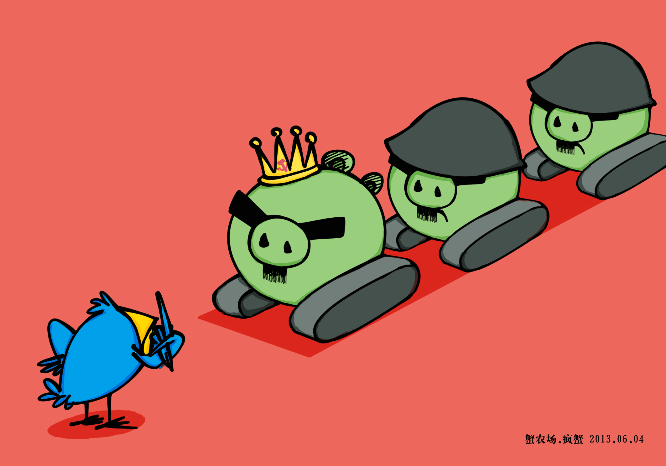 General 2126x1488 digital art artwork video games Tank Man Tiananmen Square birds Angry Birds illustration tank red background crown helmet video game characters Crazy Crab Hexie Farm satire parody