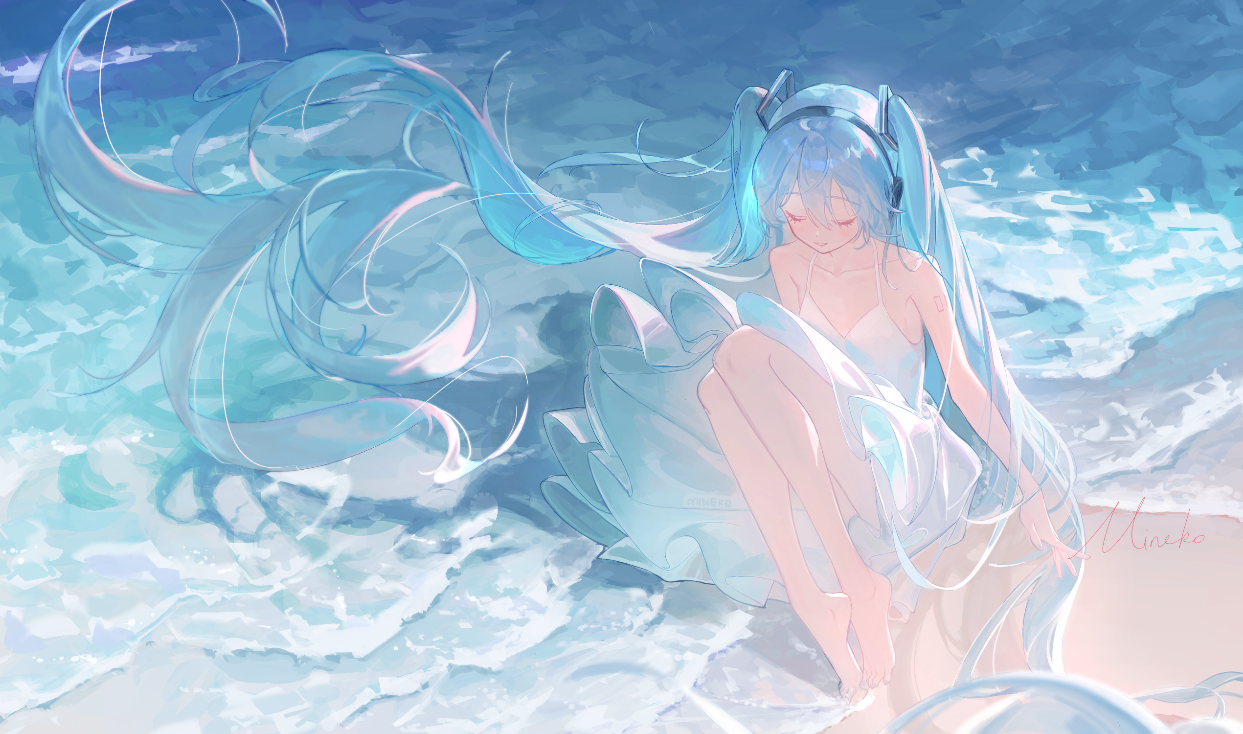 Anime 2541x1500 Vocaloid Wusubamineko Hatsune Miku closed eyes closed mouth white dress beach water dress waves feet smiling anime girls headphones women outdoors windy hair blowing in the wind