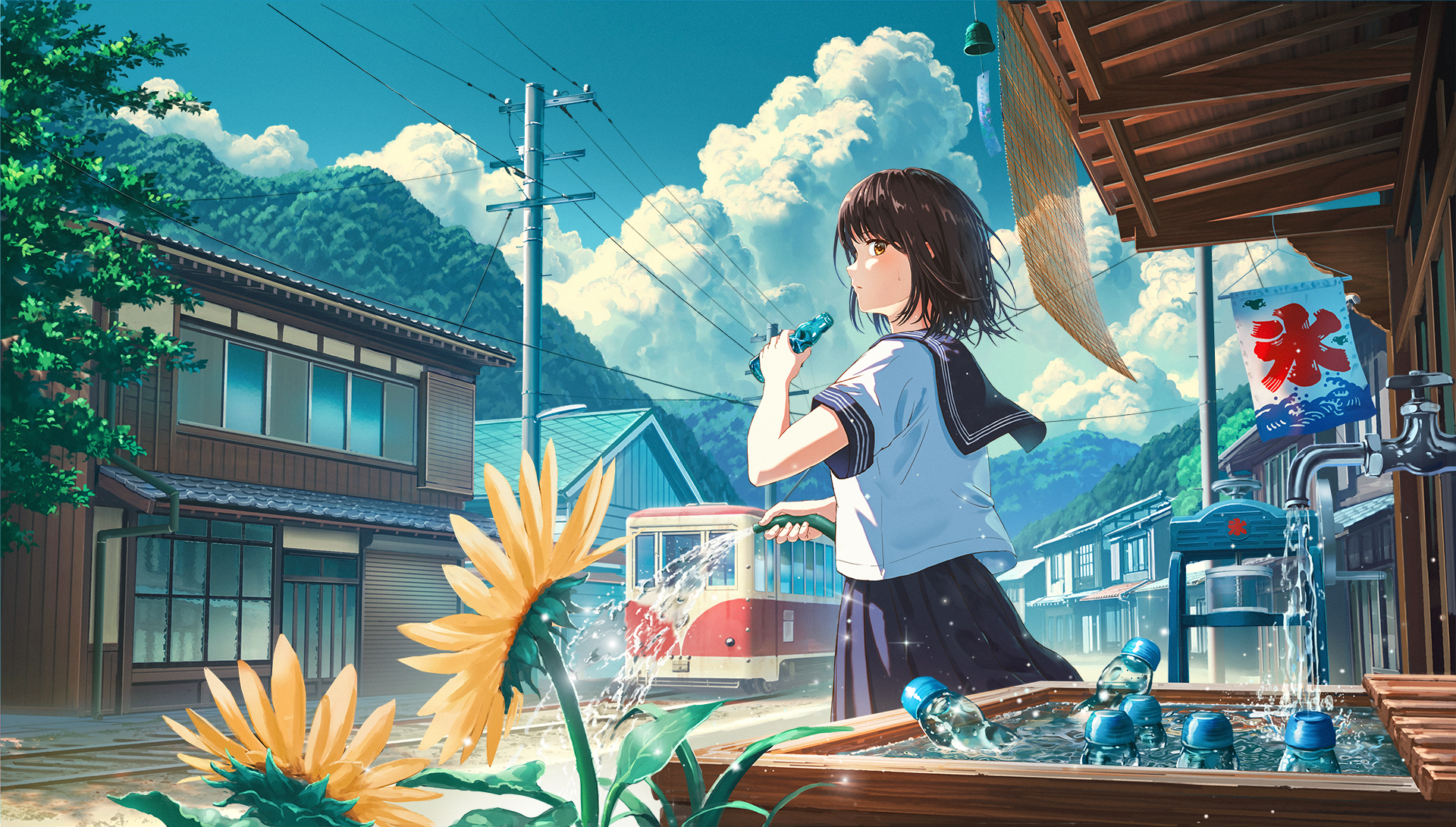 Anime 1920x1090 Sugi87 school uniform schoolgirl looking back looking at viewer hose sunflowers short hair water women outdoors water drops water bottle building wires sky clouds train trees wind chimes anime girls tap plants summer