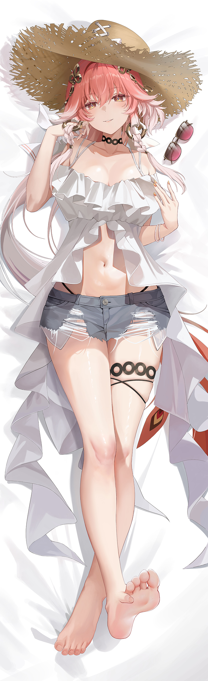 Anime 800x2613 Wuthering Waves video game art video game characters video game girls whole body foot fetishism Changli (Wuthering Waves) straw hat red glasses smiling belly button short clothes thigh garter Douya