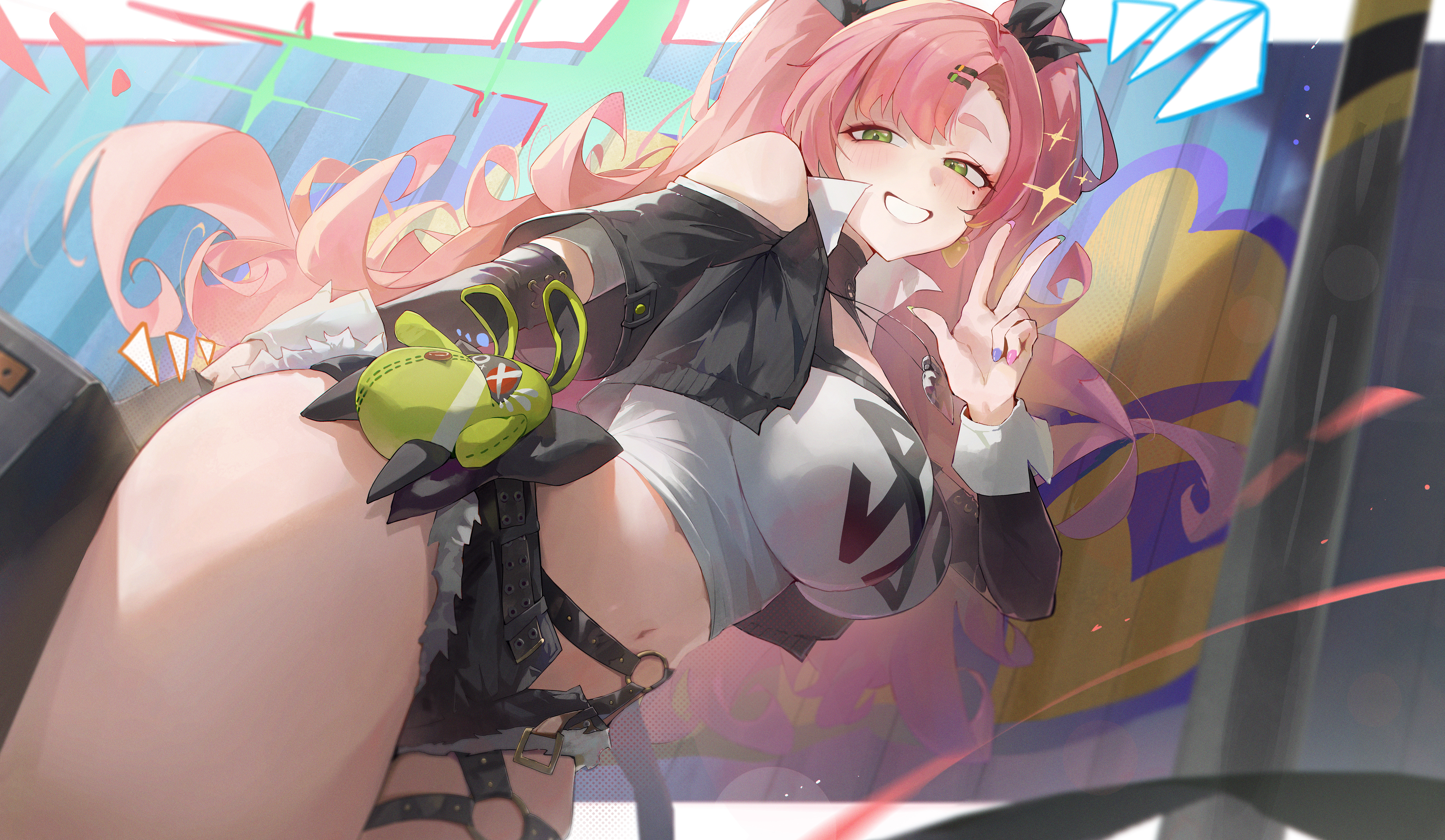 Anime 5224x3038 anime anime girls twintails pink hair long hair green eyes Nicole Demara (Zenless Zone Zero) Zenless Zone Zero blushing yonesdraws smiling moles mole under eye peace sign short shorts looking at viewer teeth belly button big boobs thigh strap belly thighs multi-colored nails arm(s) behind back hips hair clip leaning Bangboo (Zenless Zone Zero)