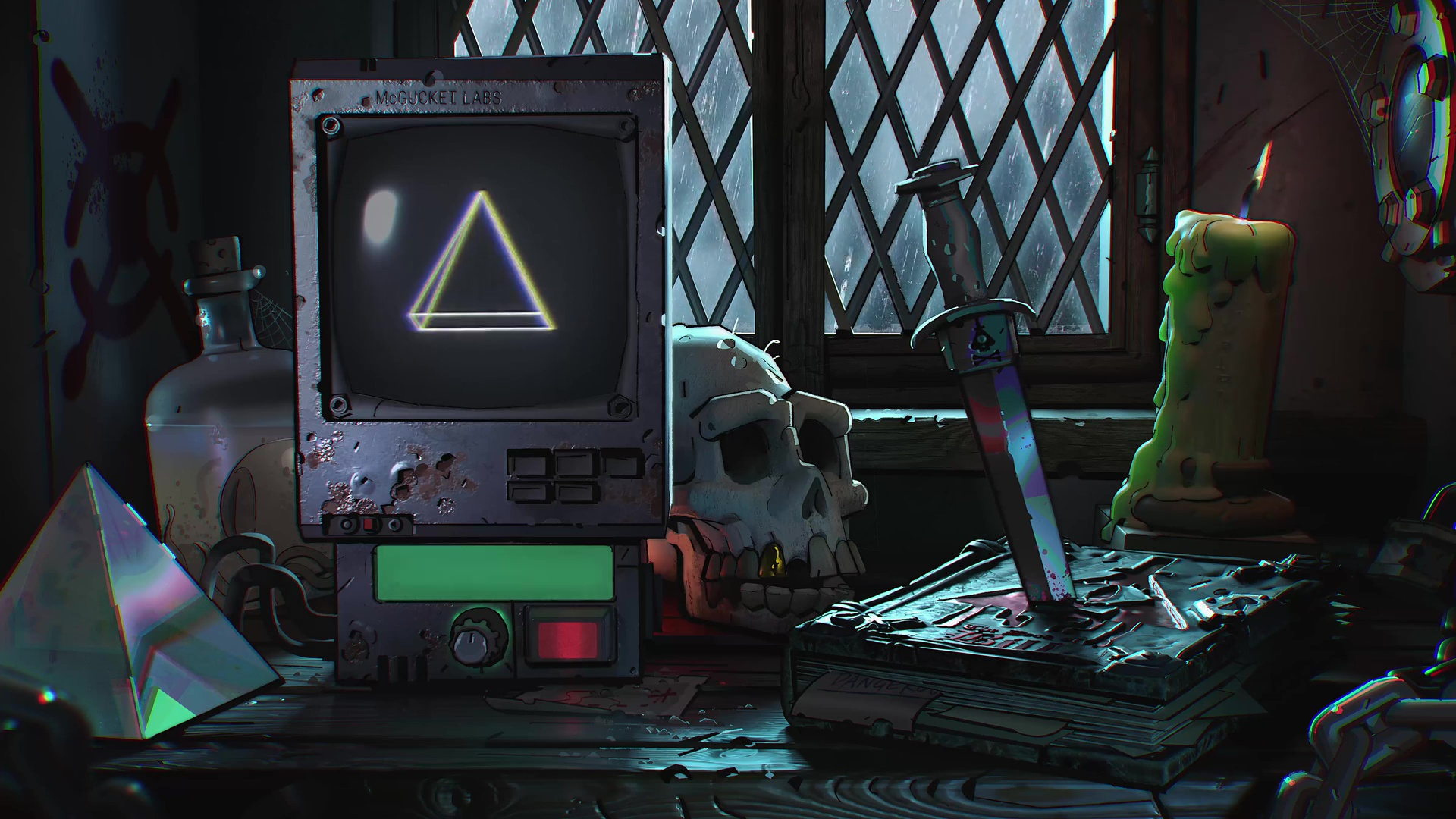 General 1920x1080 Gravity Falls Disney cartoon digital art skull candles books Bill Cipher  dagger prism