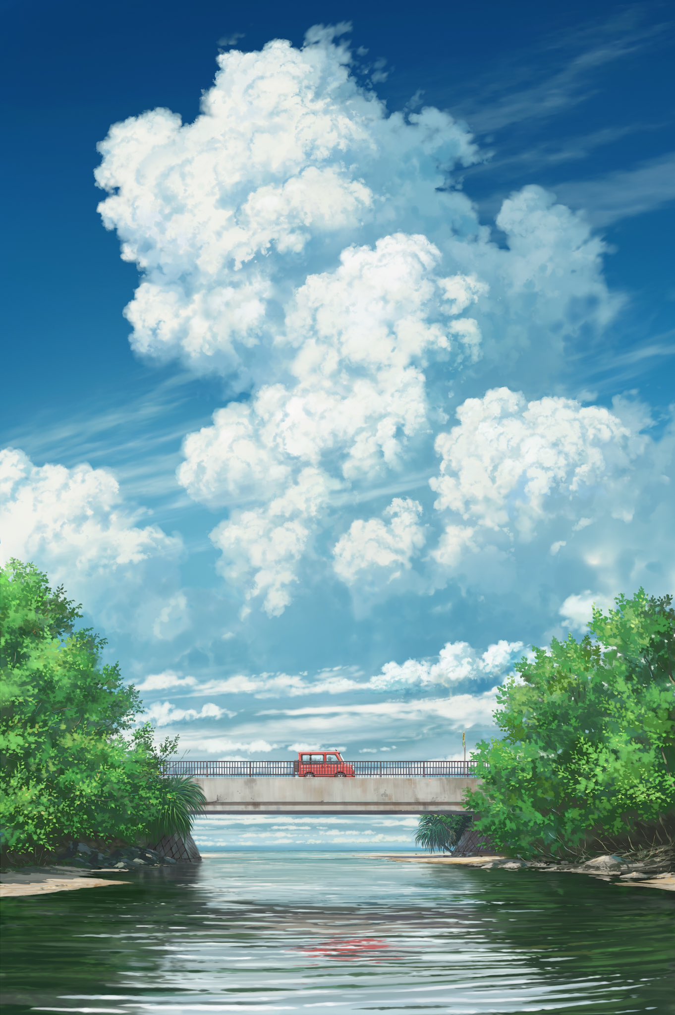 Anime 1362x2048 pei (sumurai) cumulus sky clouds car bridge river water railing trees plants iron railing portrait display outdoors scenery