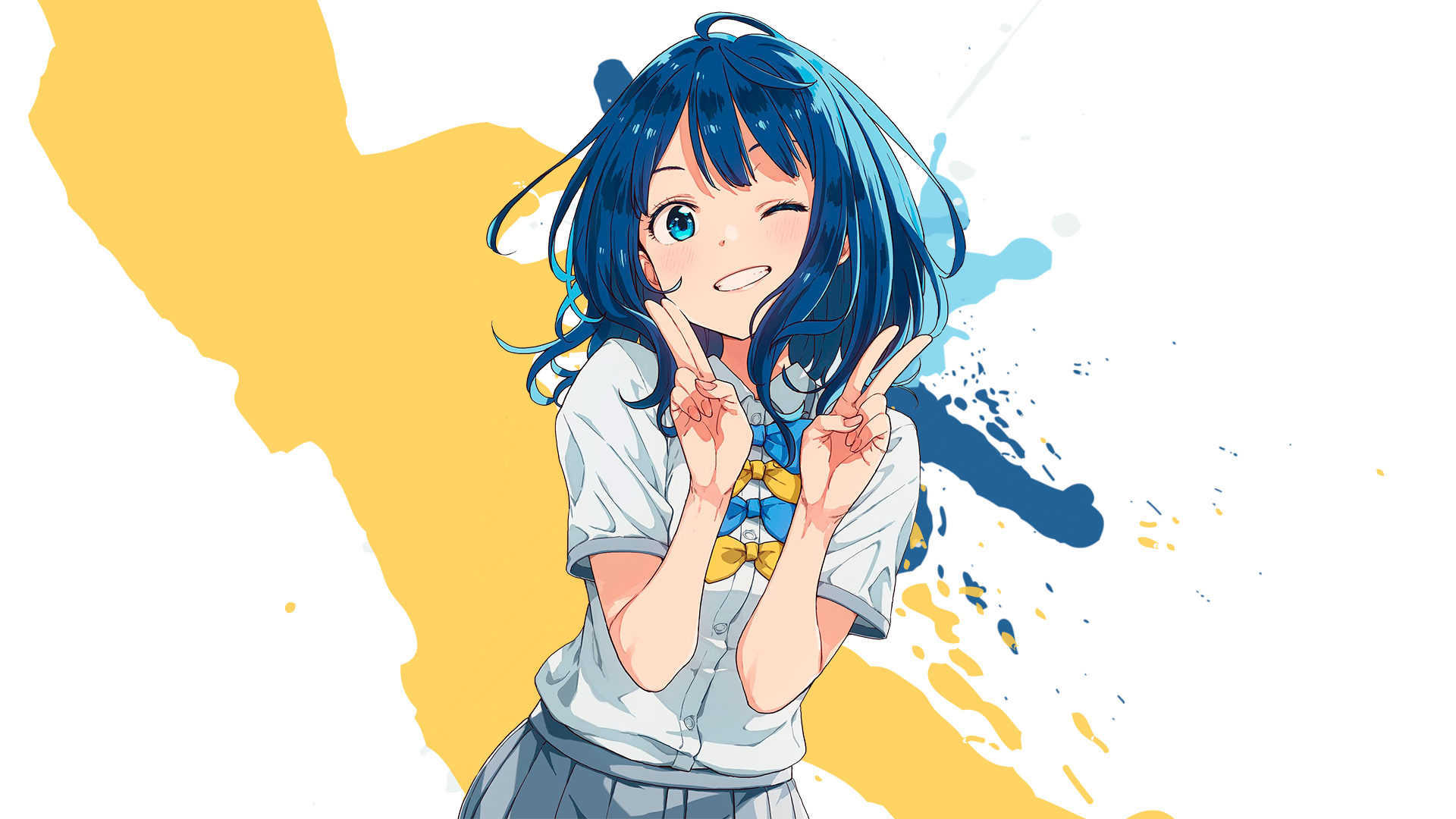 Anime 1920x1080 anime anime girls Yanami Anna Anna Yanami Too Many Losing Heroines! simple background bright looking at viewer smiling blue hair blue eyes one eye closed bow tie schoolgirl school uniform short sleeves standing peace sign teeth long hair skirt