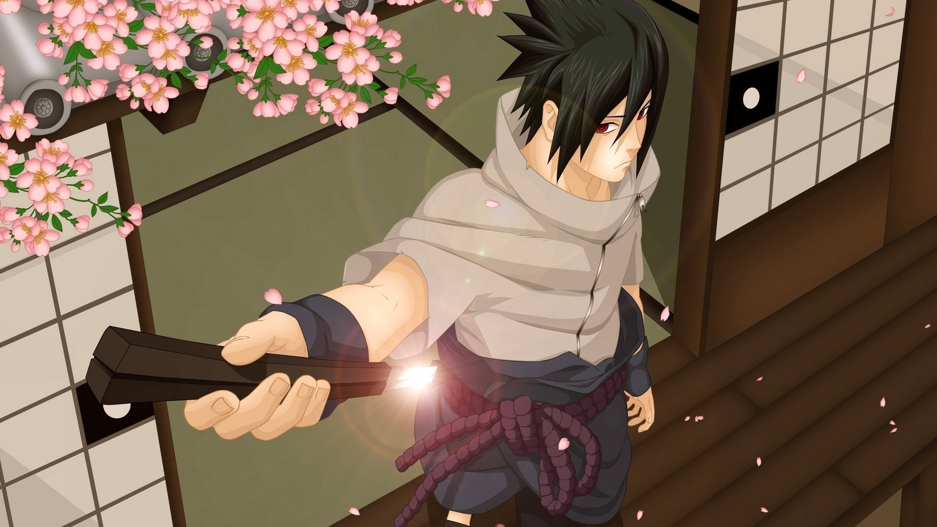 Anime 1920x1080 anime boys Uchiha Sasuke Naruto Shippuden petals flowers sword weapon
