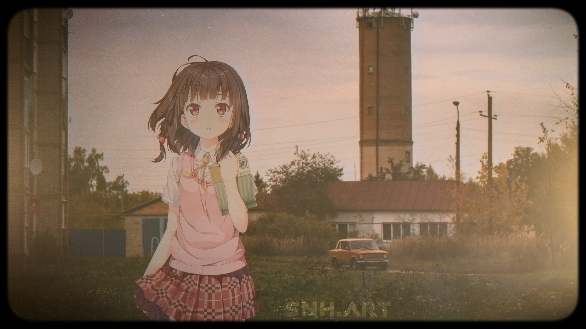 Anime 1920x1080 animeirl schoolgirl sunset suburb anime girls car skirt school uniform