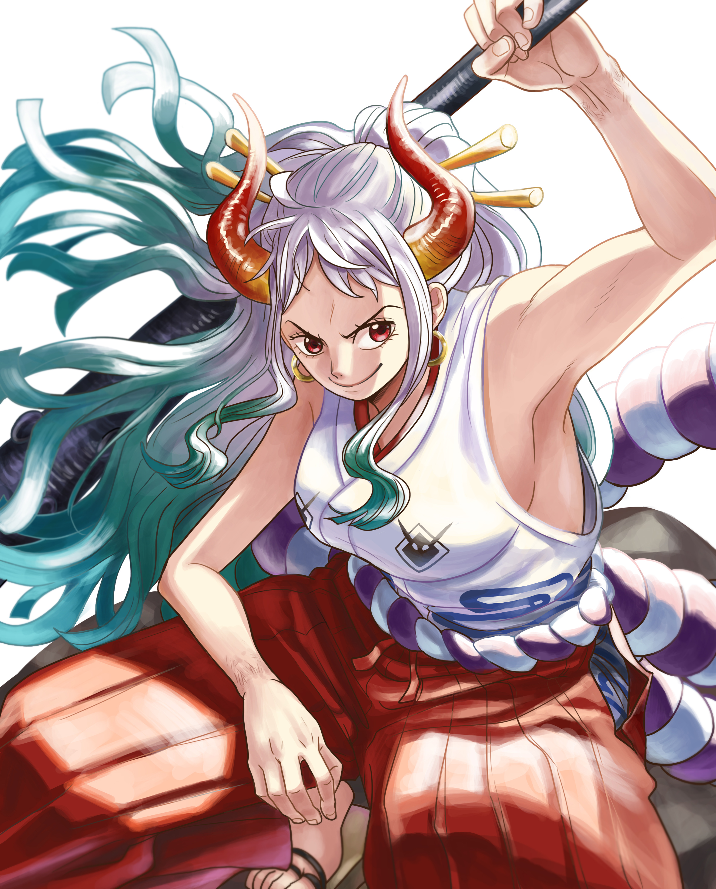 Anime 2362x2934 Yamato (One Piece) portrait display anime girls gradient hair horns armpits weapon smiling two tone hair One Piece long hair