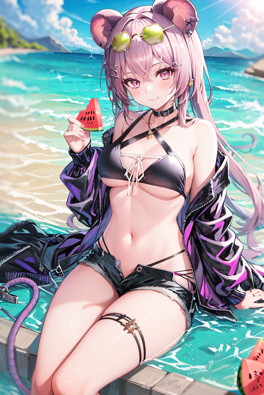 Anime 920x1376 anime girls beach animal ears bikini short shorts portrait display wet Arknights watermelons choker looking at viewer blushing water mouse girls sunlight belly belly button Lin Yuhsia (Arknights) AI art Pixiv open shorts