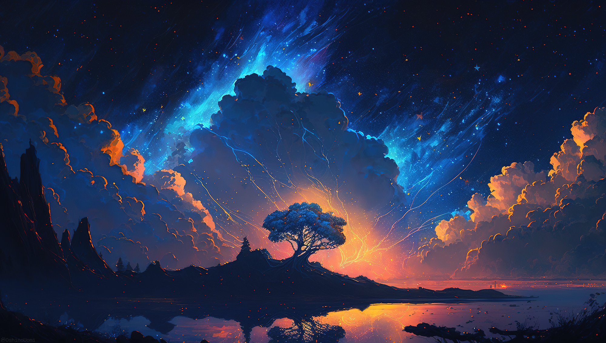 General 2000x1134 Uomi illustration artwork AI art landscape night sky clouds starry night sea reflection water stars