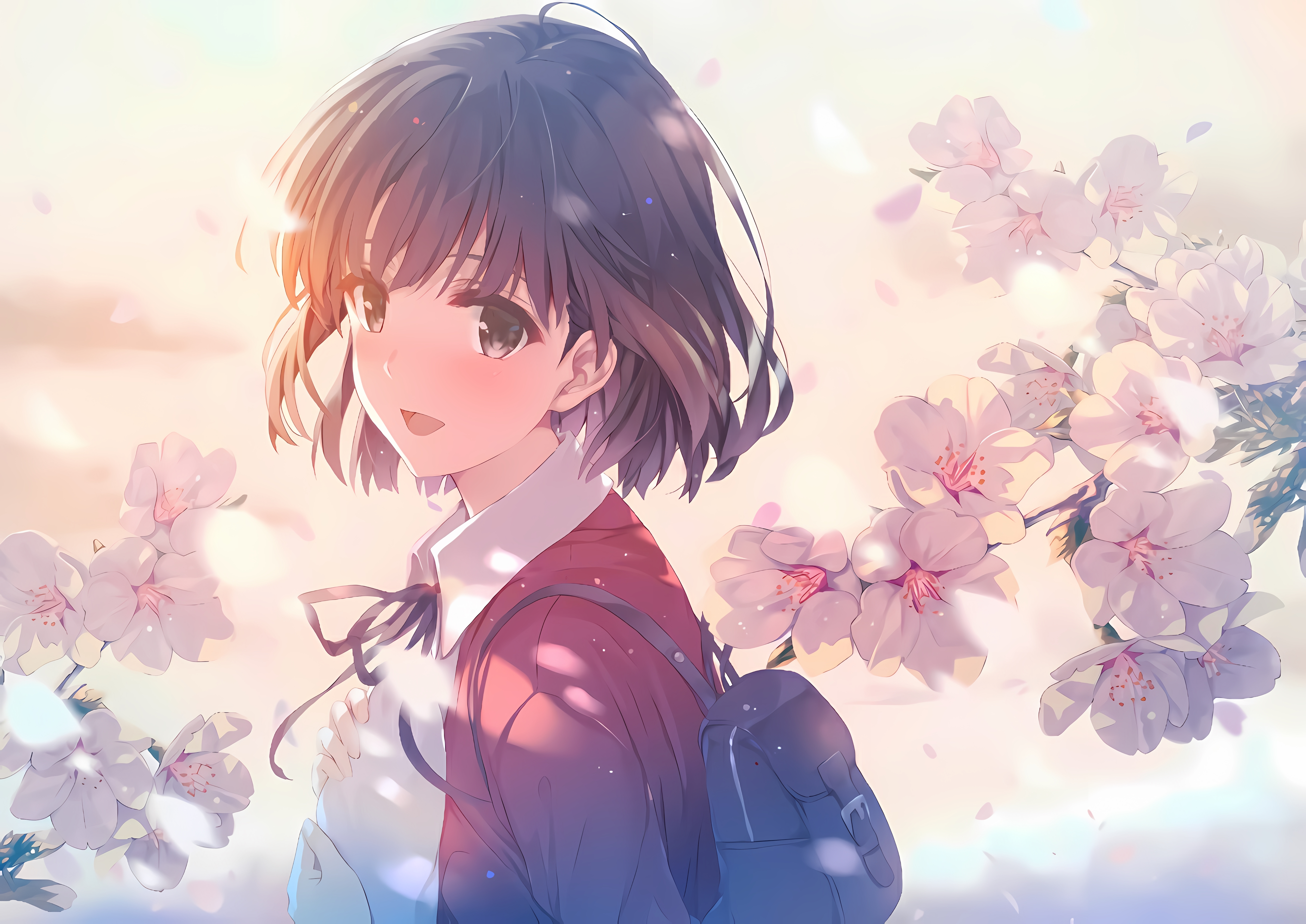 Anime 4800x3400 anime girls short hair cherry blossom backpacks Katou Megumi Saenai Heroine no Sodatekata flowers looking at viewer school uniform
