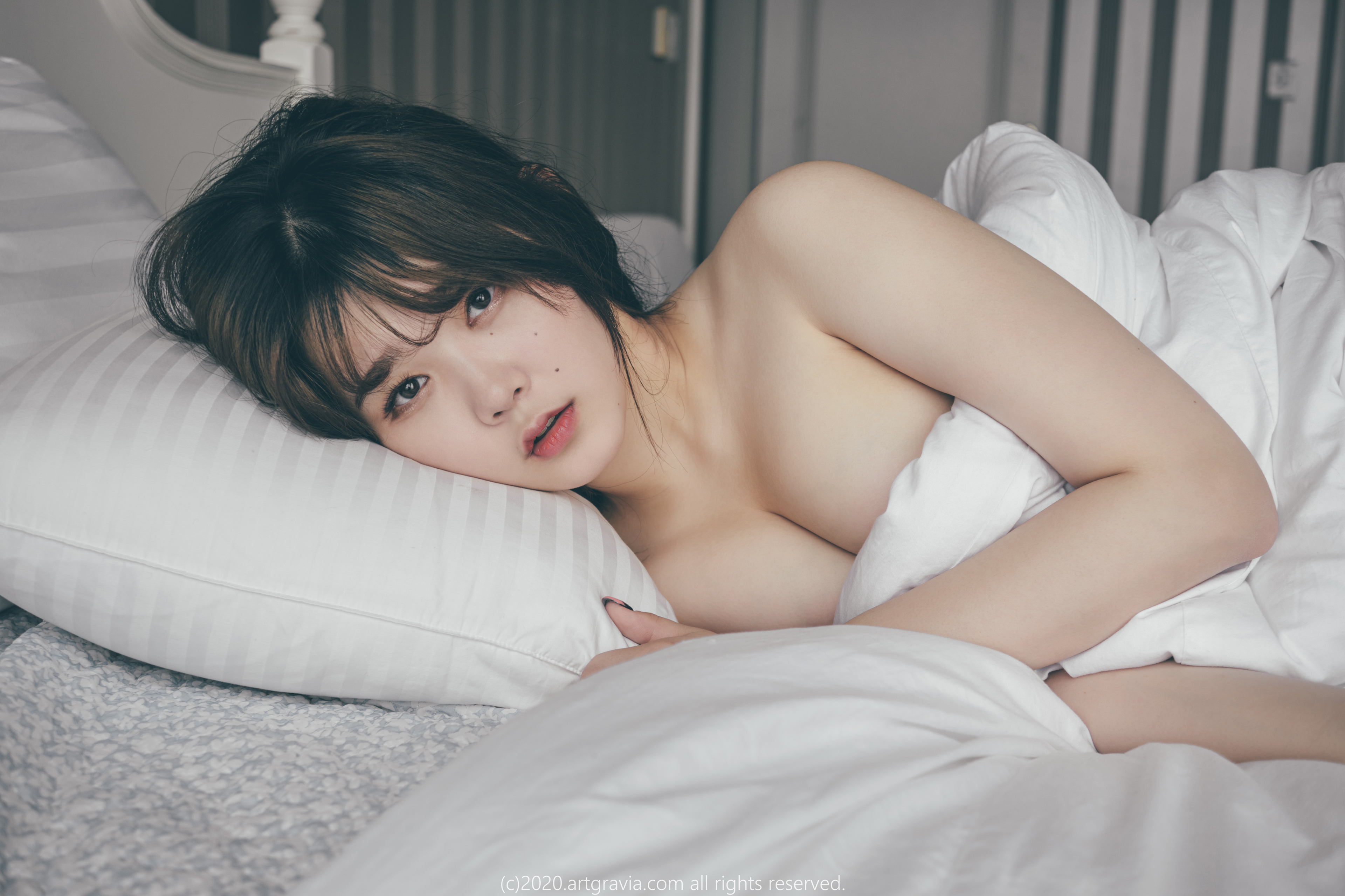 People 3840x2560 Zia Kwon ArtGravia women model Asian Korean women women indoors topless strategic covering cleavage lying down looking at viewer bed bedroom