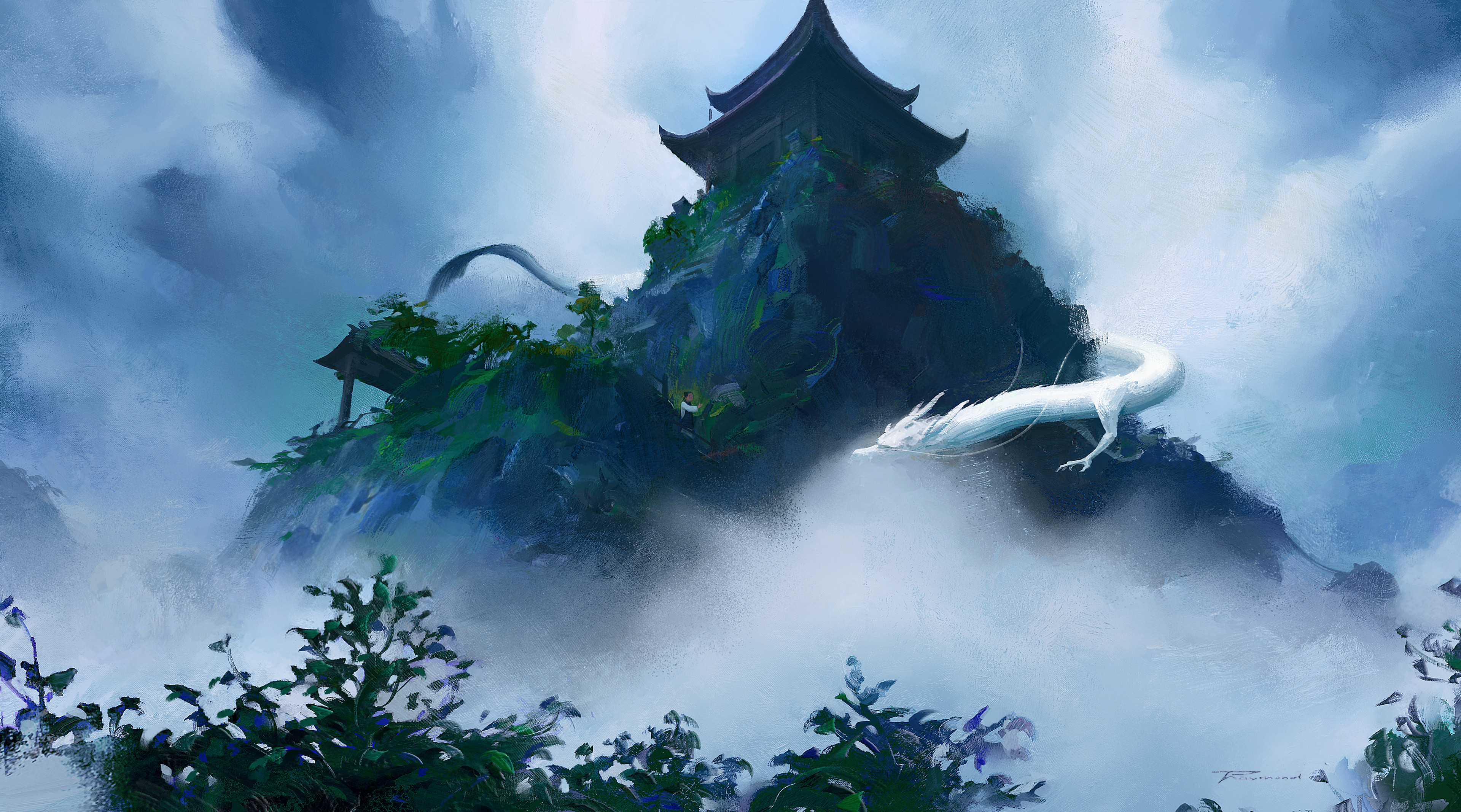General 3840x2135 digital art artwork illustration painting landscape dragon rock formation temple fantasy art Chinese dragon