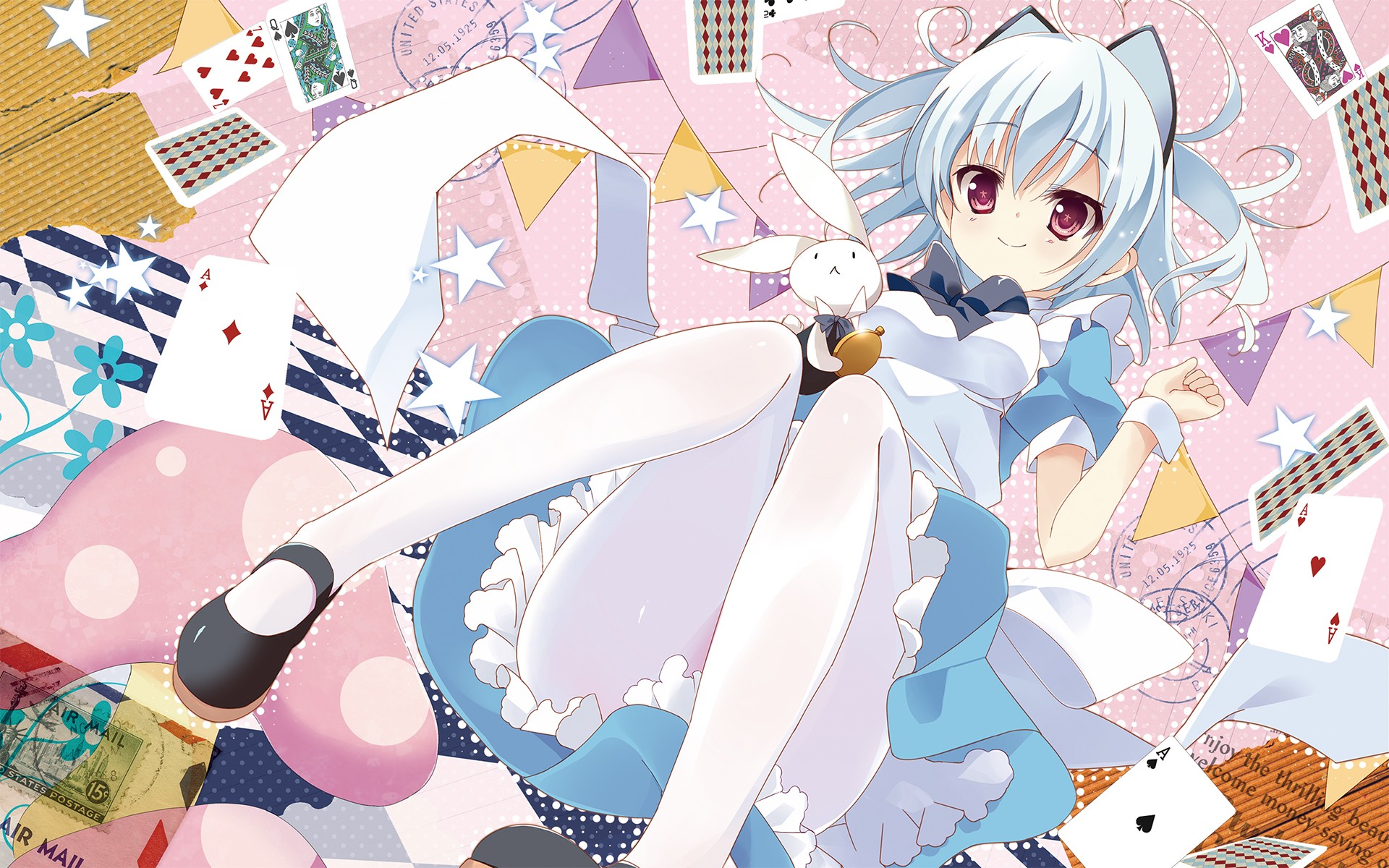 Anime 1920x1200 shoes pantyhose cards white hair looking at viewer