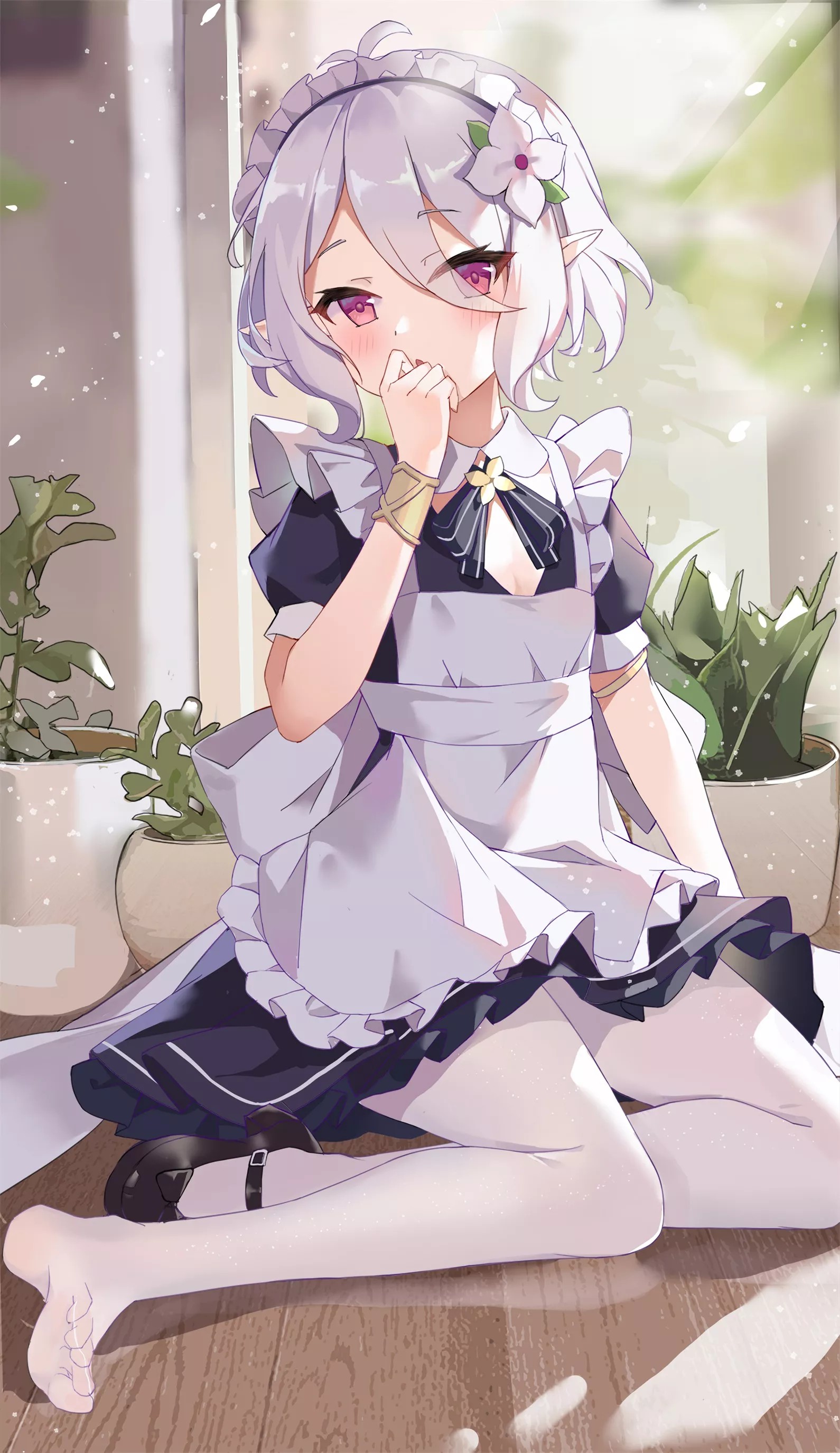 Anime 1590x2750 maid anime girls maid outfit pantyhose Kokkoro (Princess Connect) Princess Connect Re:Dive portrait display blushing hair between eyes anime flower in hair white hair Serika looking at viewer short sleeves on the floor white pantyhose leaves