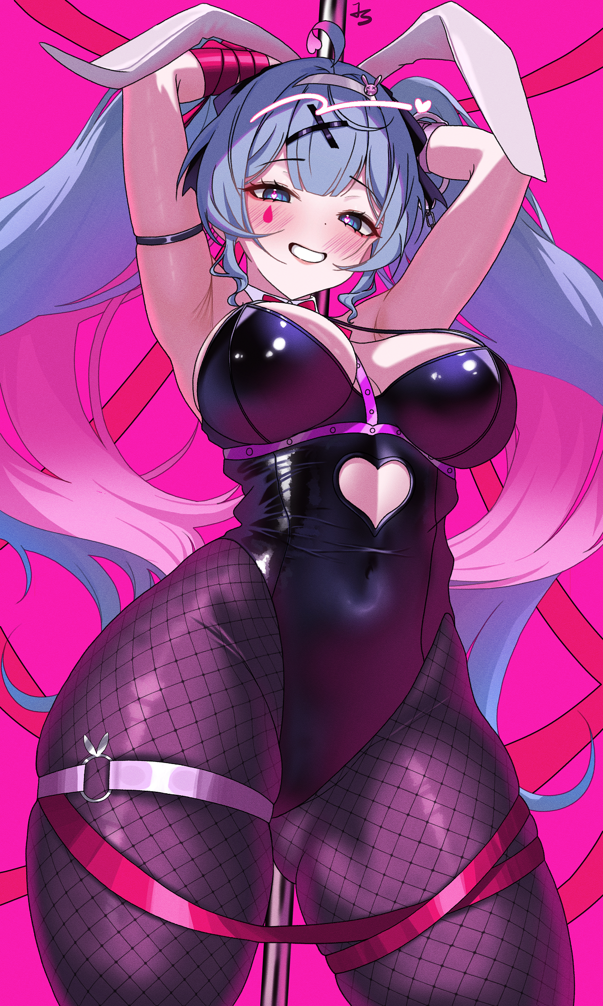 Anime 1200x2000 Vocaloid Hatsune Miku portrait display thighs dancing poles blue hair two tone hair blushing looking at viewer cuffs blue eyes thick thigh big boobs thigh strap standing black leotard Jungtong pink ribbon chest harness armlet long hair bunny ears fishnet clenched teeth clothing cutout smiling fishnet pantyhose ribbon simple background pink background arms up hair ornament pantyhose