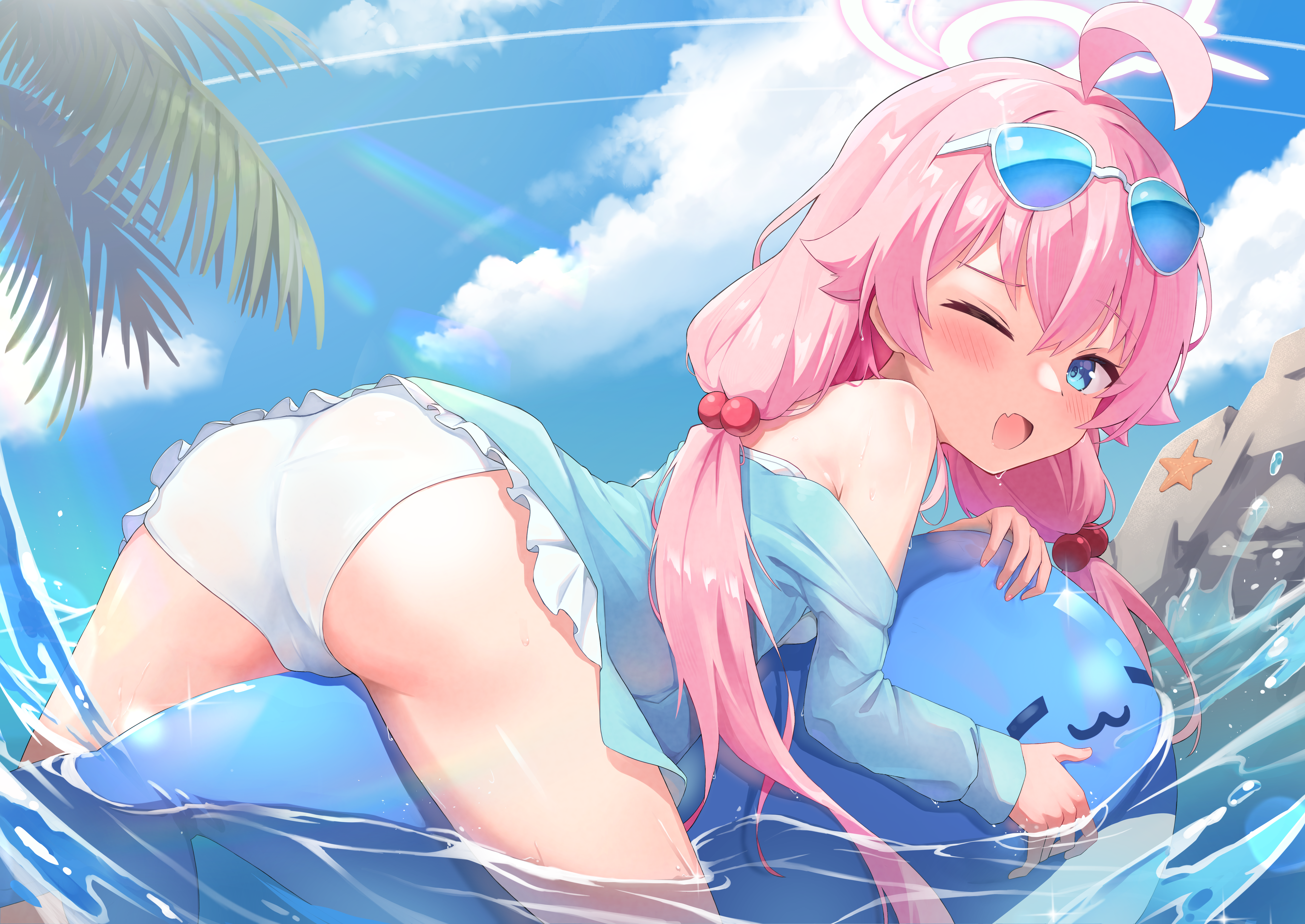 Anime 6071x4299 Takanashi Hoshino (Blue Archive) pink hair Blue Archive swimwear sunglasses clouds anime girls video game characters fan art water long hair looking back open mouth blushing sunlight floater sky hair between eyes ahoge one bare shoulder ass starfish blue eyes women with shades wet wet body one eye closed sparkles