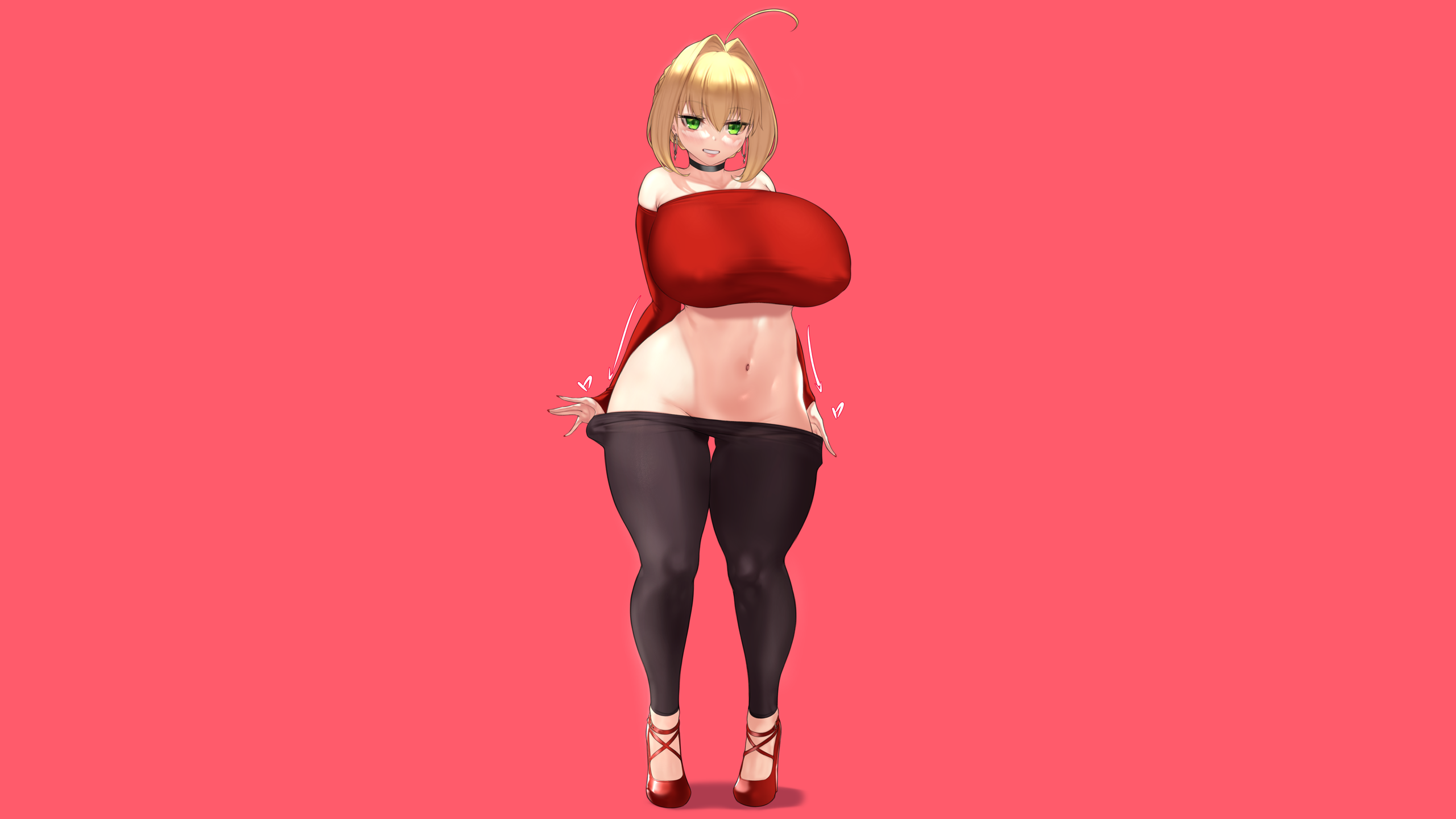 Anime 2560x1440 anime anime girls simple background minimalism pink background ecchi Fate series Fate/Extra Nero Claudius blonde big boobs boobs huge breasts thighs thick thigh high heels black legwear curvy looking at viewer wide hips tight pants black pants undressing belly Aster Crowley