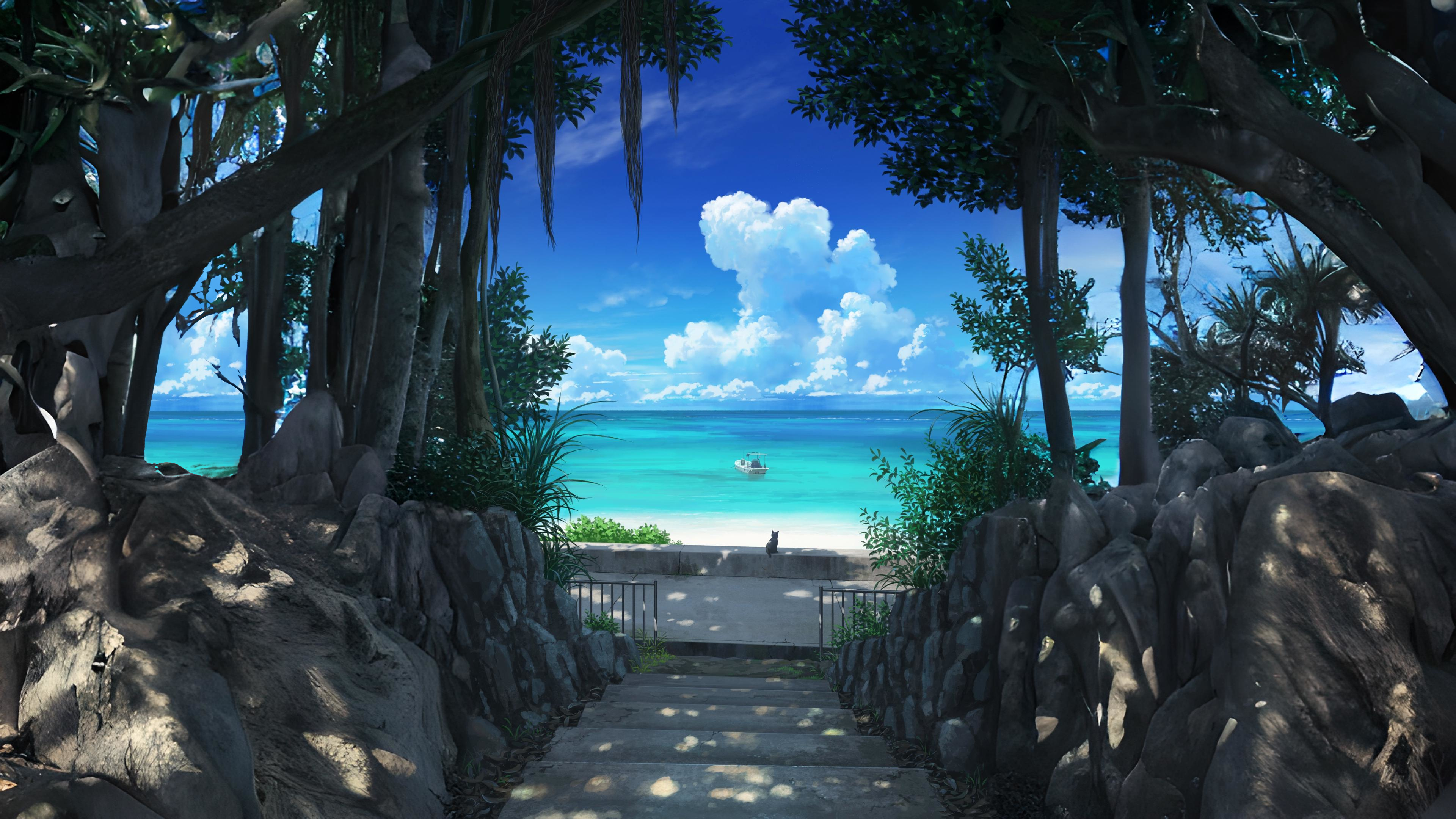Anime 3840x2160 stairs beach rocks ocean view water sky blue pei (sumurai)