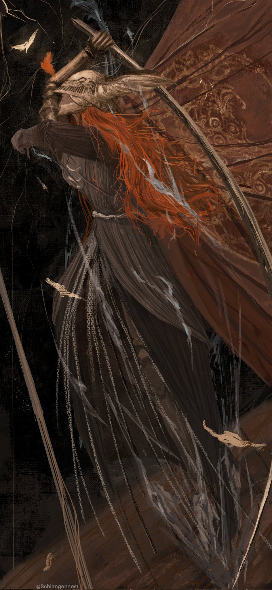 General 945x2048 fantasy art digital art artwork video game art Elden Ring Malenia portrait display long hair sword women with swords helmet video games watermarked redhead
