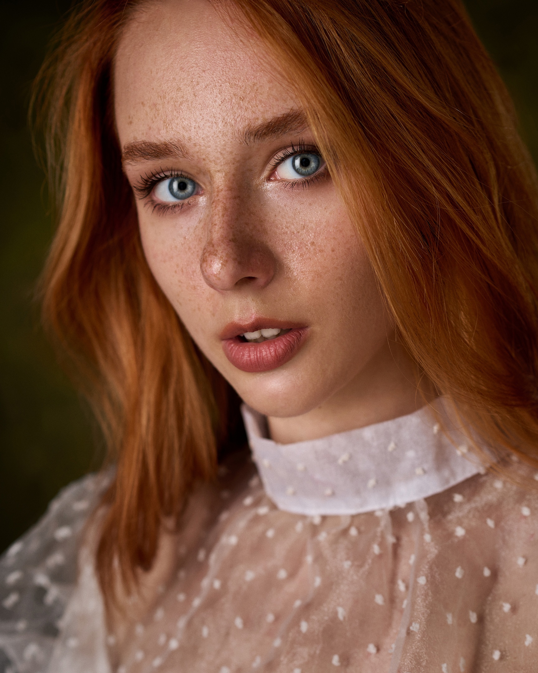 People 1728x2160 Max Pyzhik women Elizaveta Kurilko redhead freckles portrait parted lips sheer clothing looking at viewer model white clothing