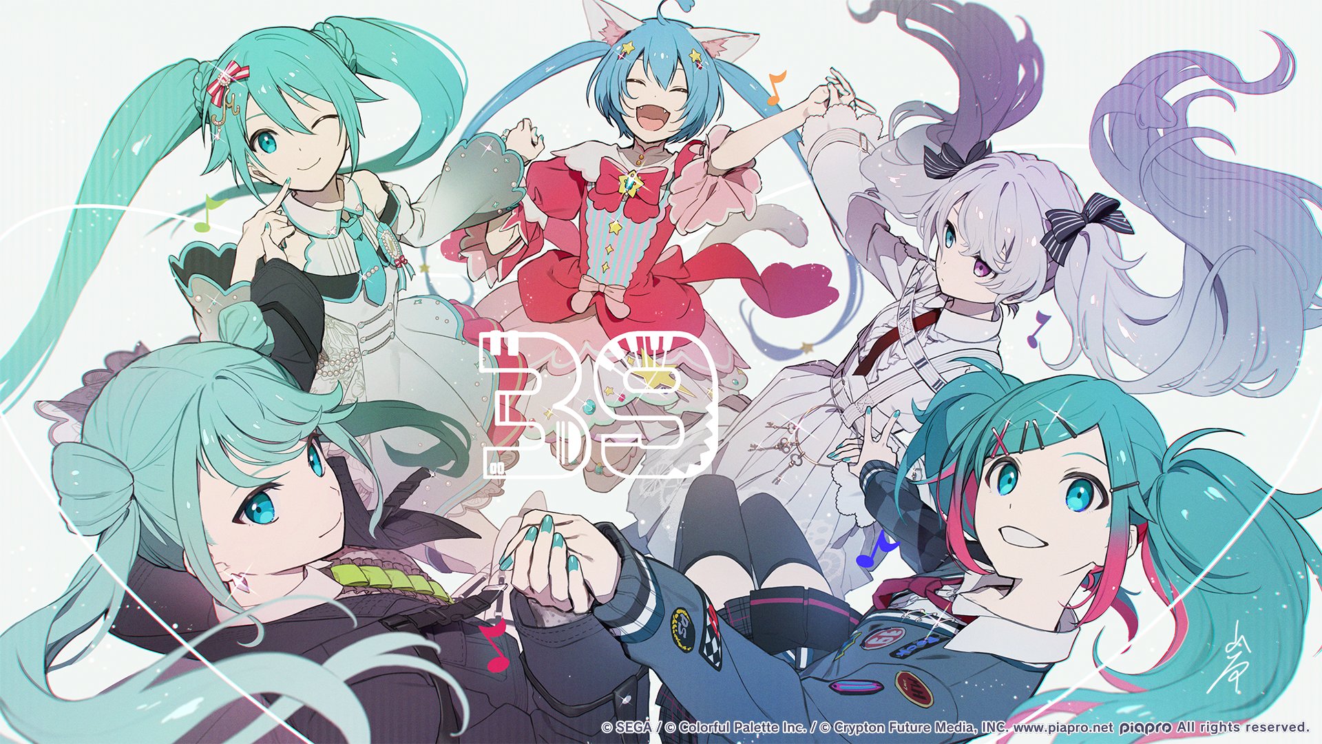 Anime 1920x1080 Hatsune Miku anime anime girls Iwato looking at viewer Vocaloid one eye closed long hair hair between eyes smiling cyan hair aqua eyes watermarked two tone hair blue nails painted nails heterochromia Sega closed eyes open mouth black thigh highs skirt thigh-highs necktie simple background frills white background earring holding hands long sleeves cat girl cat ears cat tail musical notes hair ribbon twintails signature numbers