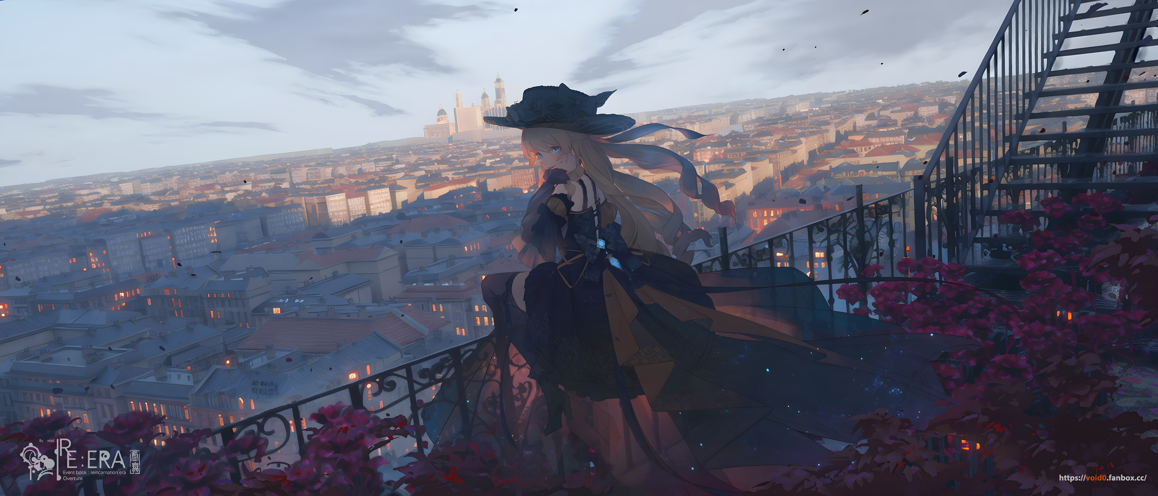 Anime 3840x1646 Genshin Impact void_0 cityscape digital art artwork dress stairs Navia (Genshin Impact) city looking over shoulder sky looking at viewer long hair anime girls stockings women with hats hat black stockings flowers watermarked clouds detached sleeves bow tie petals balcony