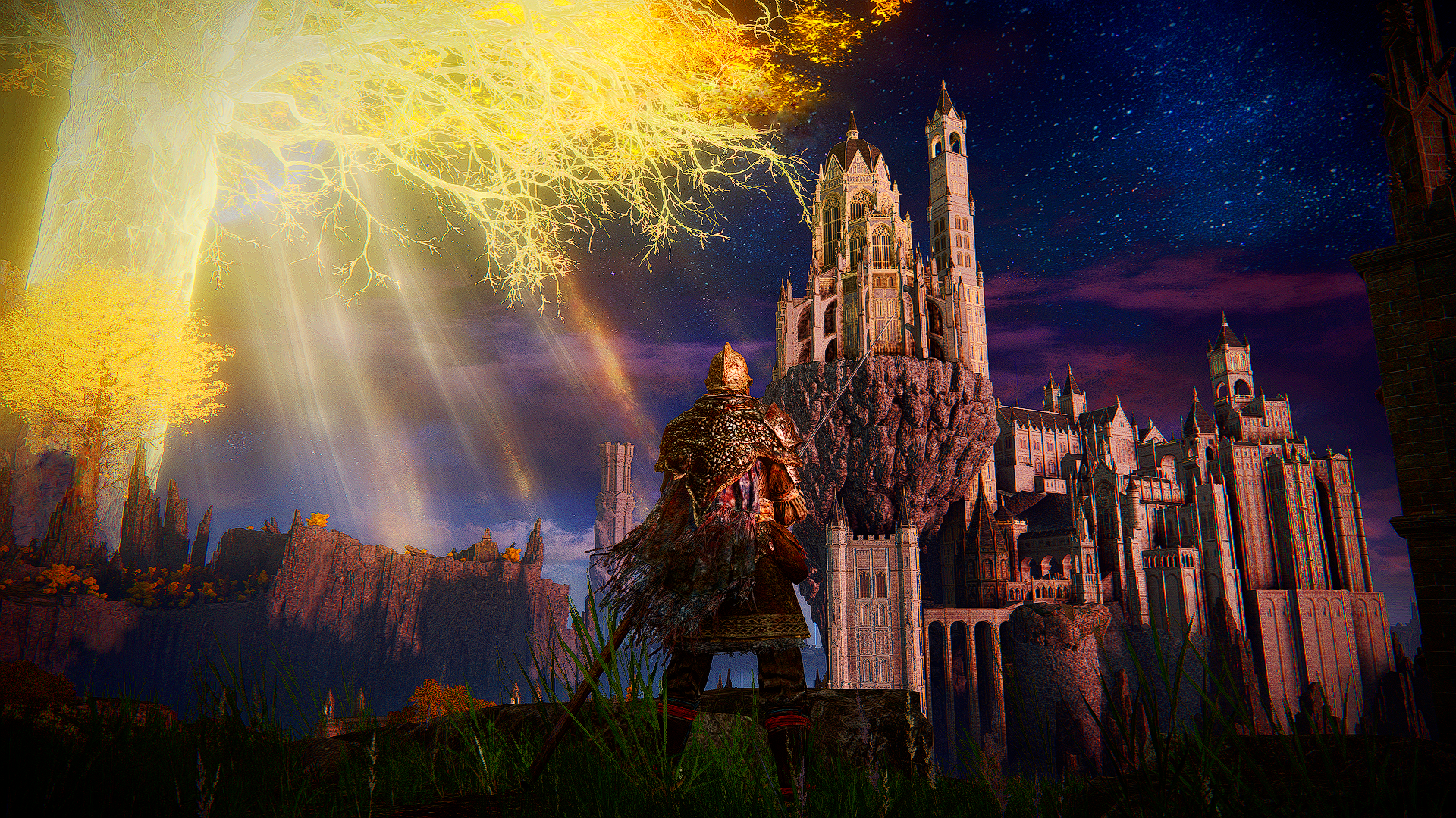 General 1920x1080 From Software Elden Ring digital art video games glowing standing video game characters CGI video game art screen shot armor castle trees katana night sky architecture