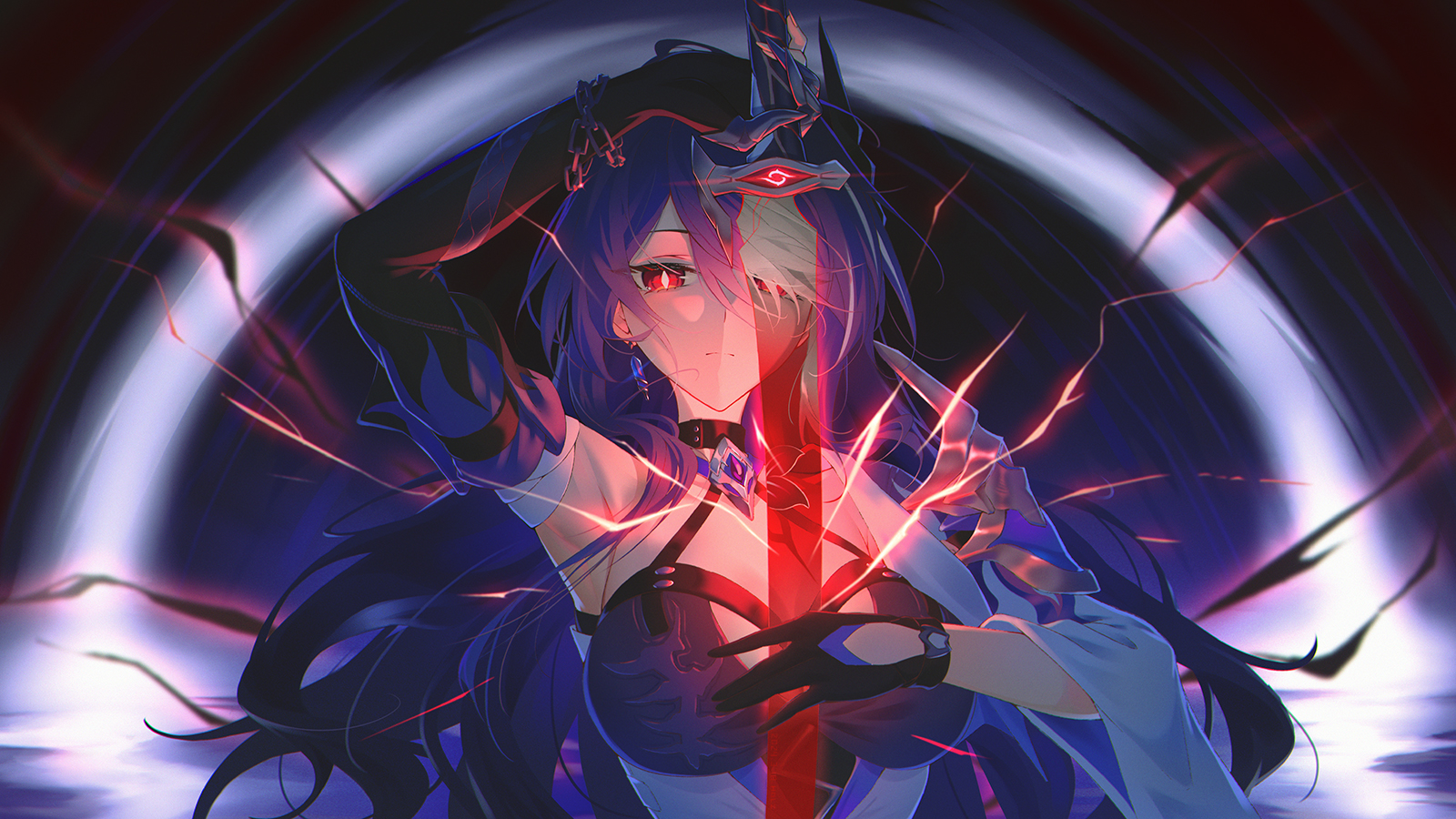 Anime 1600x900 Acheron (Honkai: Star Rail) illustration video games Honkai: Star Rail gloves sword women with swords looking at viewer long hair hair over one eye earring armpits closed mouth red eyes one bare shoulder weapon detached sleeves choker anime girls lightning chains purple eyes two tone hair