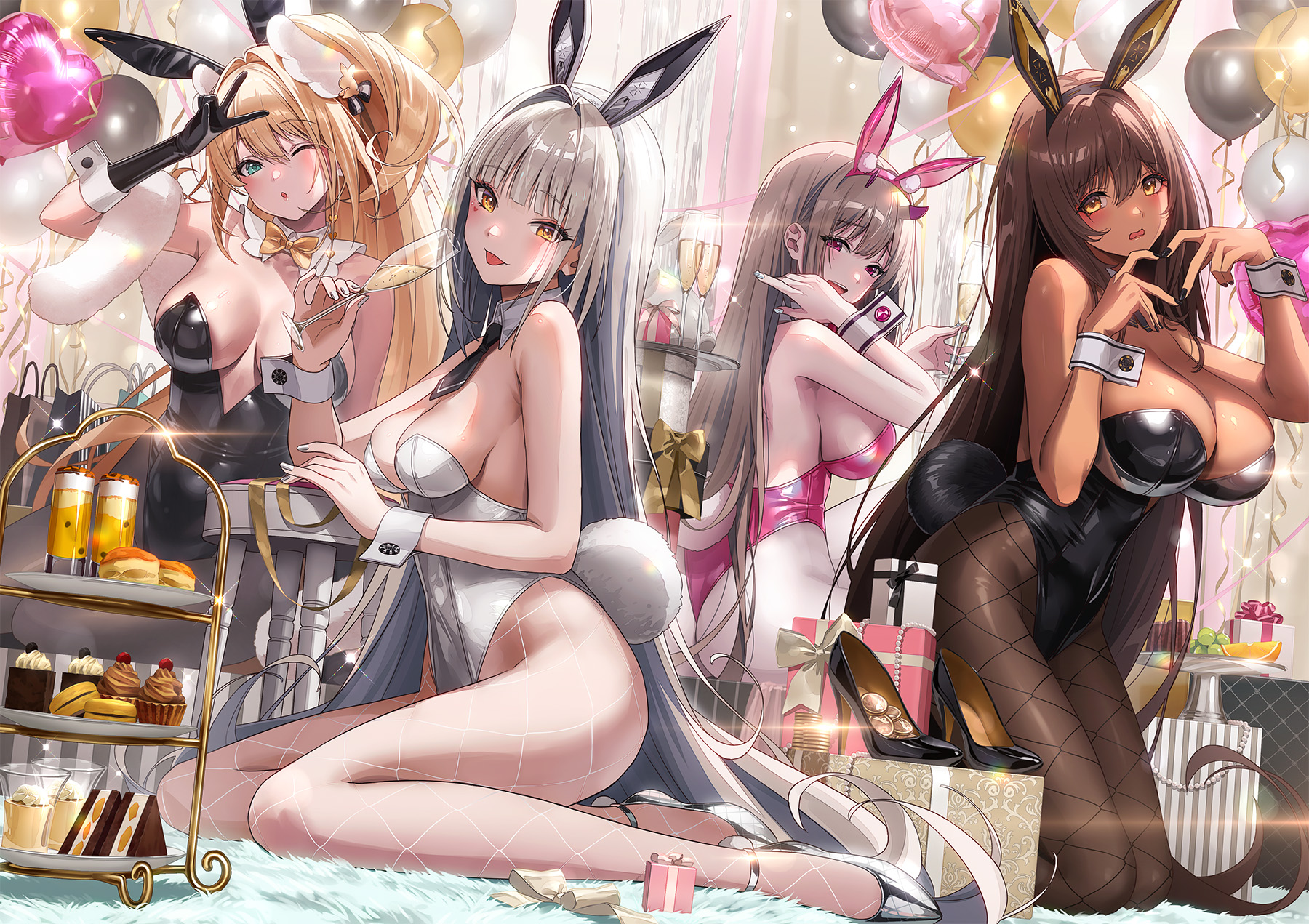 Anime 1800x1271 Nikke: The Goddess of Victory women quartet kneeling group of women long hair Blanc (Nikke) Noir (Nikke) Rupee (Nikke: The Goddess of Victory) Viper (Nikke: The Goddess Of Victory) looking at viewer cleavage peace sign hand gesture women indoors bunny tail bunny ears bare shoulders fishnet pantyhose leotard bunny suit looking back boobs one eye closed Sonsoso wristwatch wink animal ears champagne cake presents fishnet pastries wine glass thighs balloon cup
