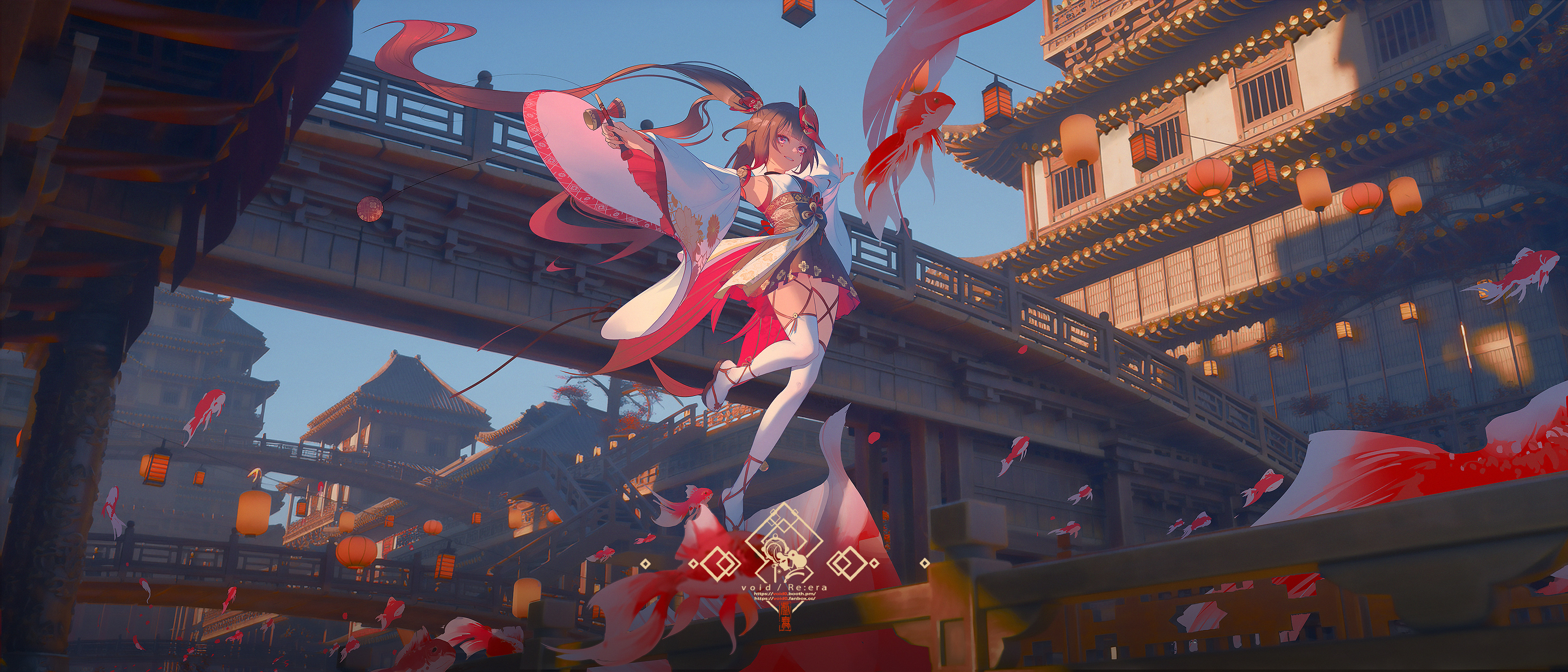 Anime 3360x1440 Honkai: Star Rail artwork Sparkle (Honkai: Star Rail) anime girls brunette red eyes kimono goldfish twintails Asian architecture lantern hair blowing in the wind void_0 wide sleeves long sleeves thigh-highs white thigh highs anime Japanese clothes sash detached sleeves armpits watermarked animals fish