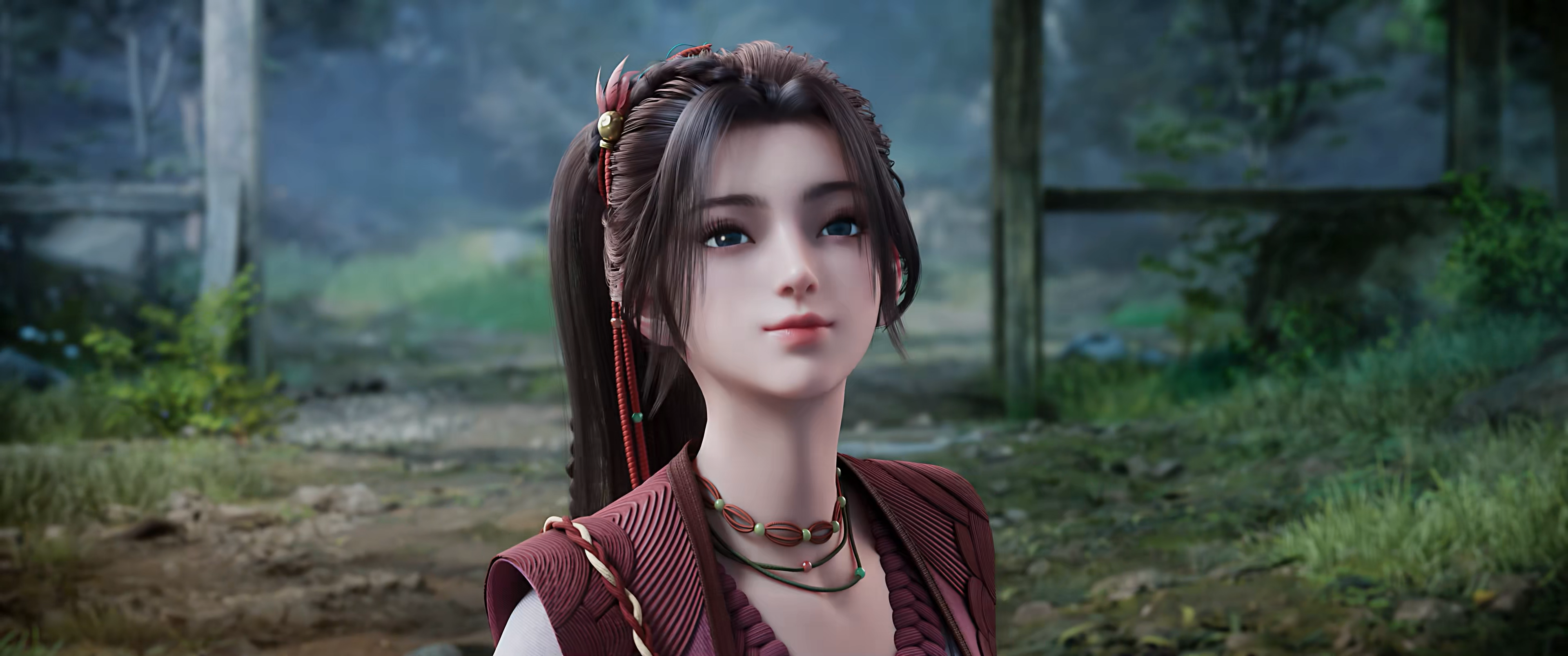 General 3840x1608 Zhu Xian CGI face blurry background grass looking away fantasy girl brunette blue eyes closed mouth long hair ponytail looking up