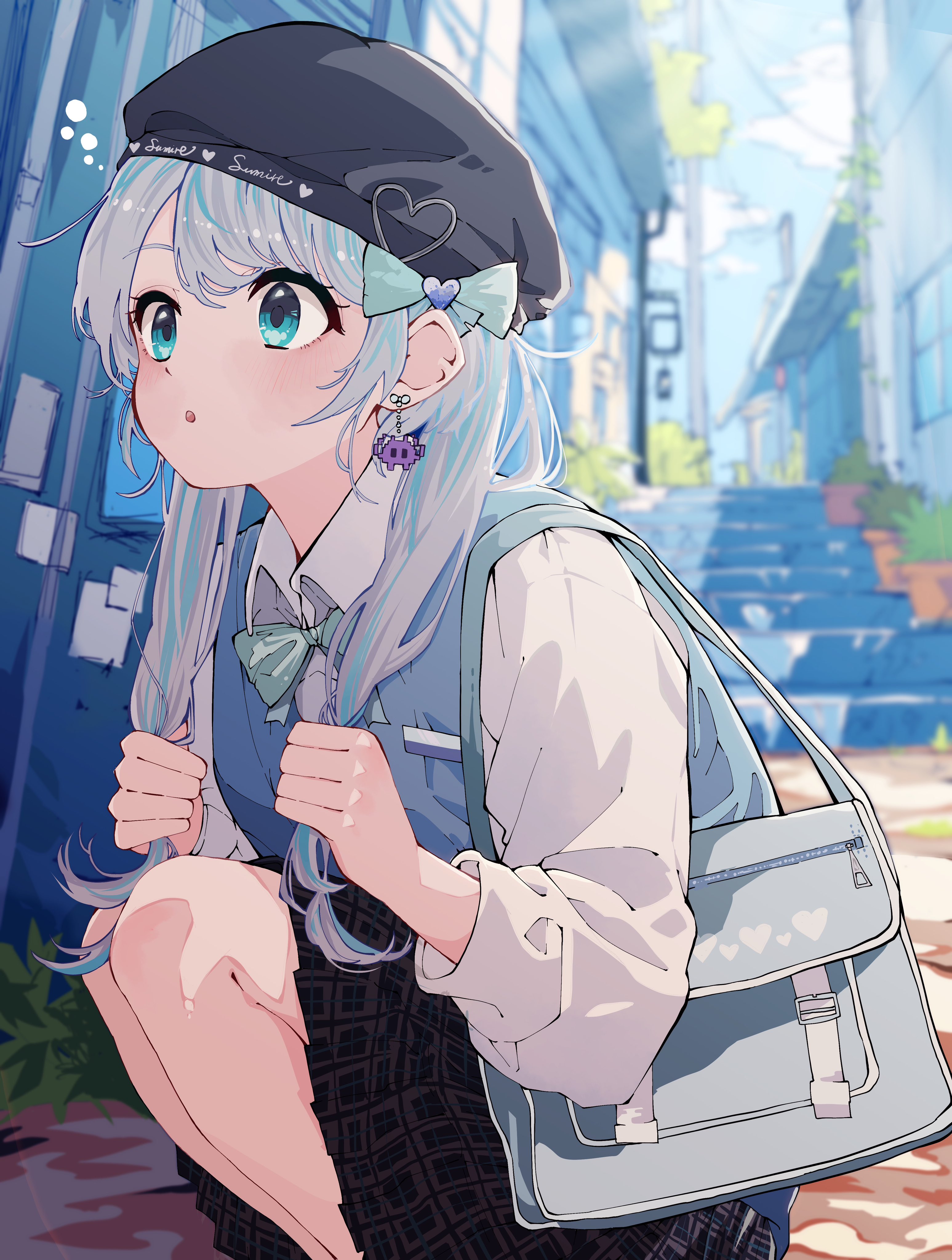 Anime 3094x4096 sweater anime anime girls dress payang looking away portrait display long hair Kaga Sumire squatting Virtual eSports Project (VSPO!) Virtual Youtuber earring schoolgirl school uniform stairs building bag bow tie open mouth two tone hair blue eyes holding hair depth of field hat women with hats long sleeves sunlight