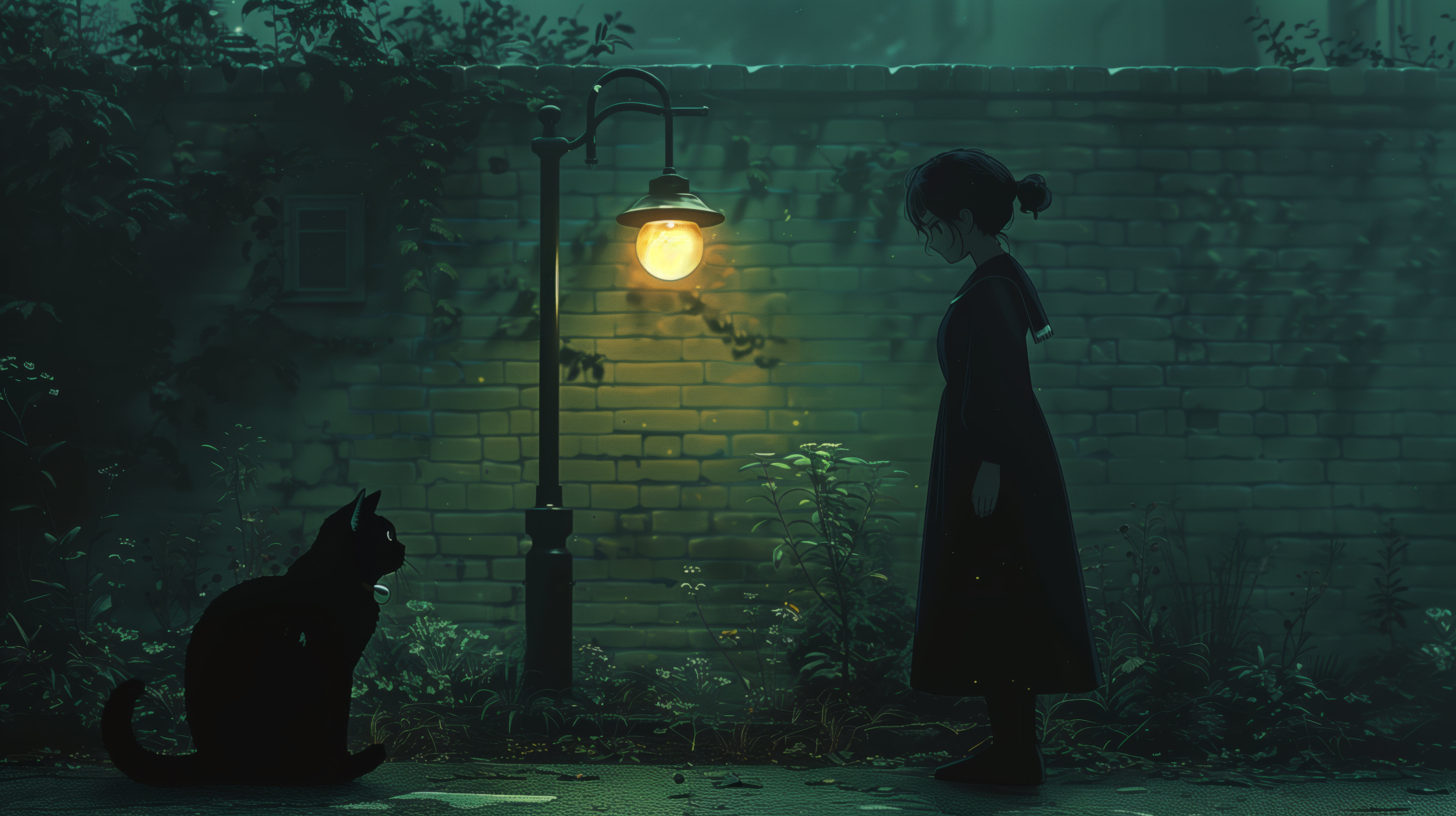 Anime 5824x3264 AI art anime illustration cats children street light bricks wall dark green