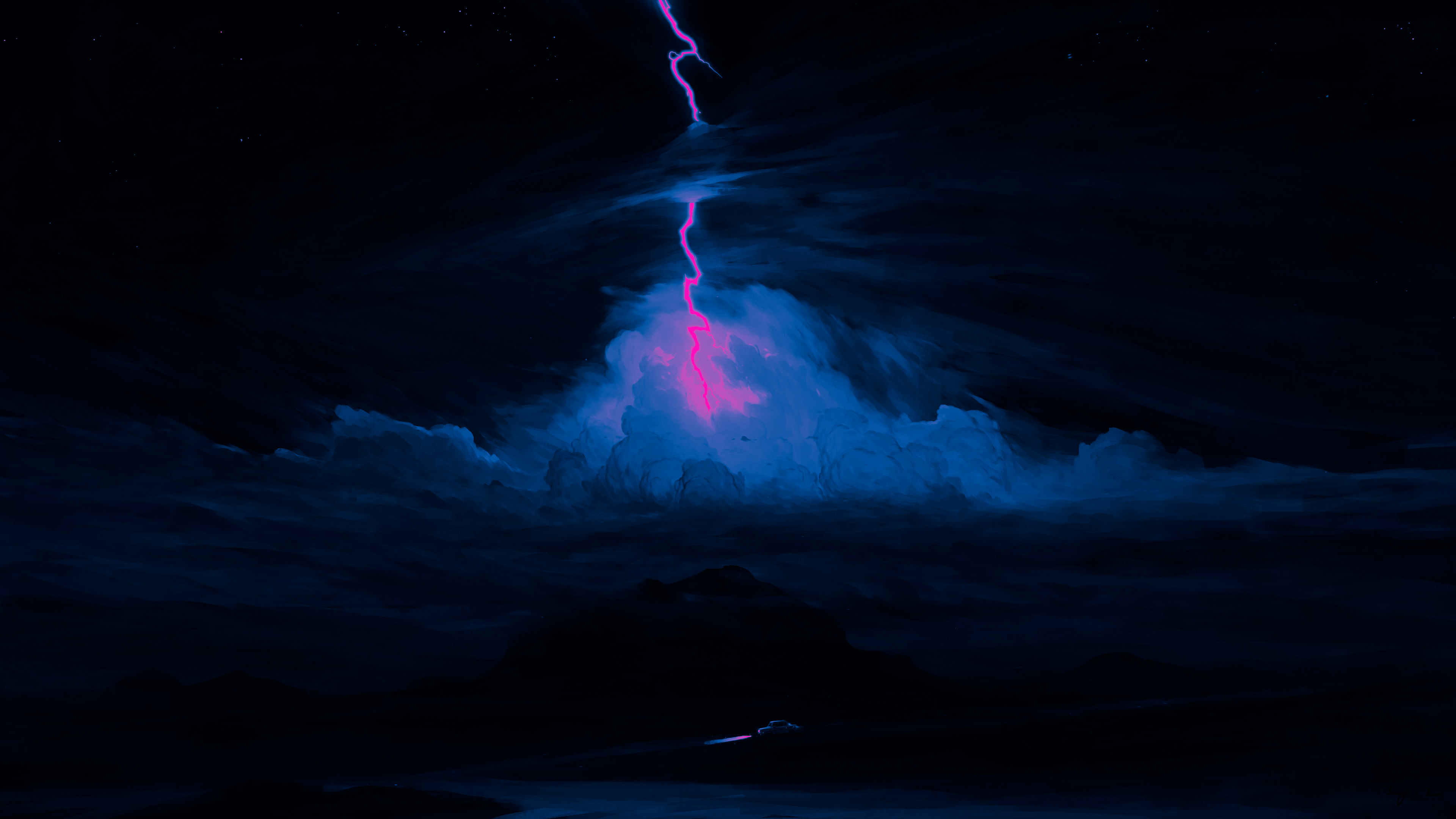 General 3840x2160 digital art neon lightning synthwave nature clouds magic dark