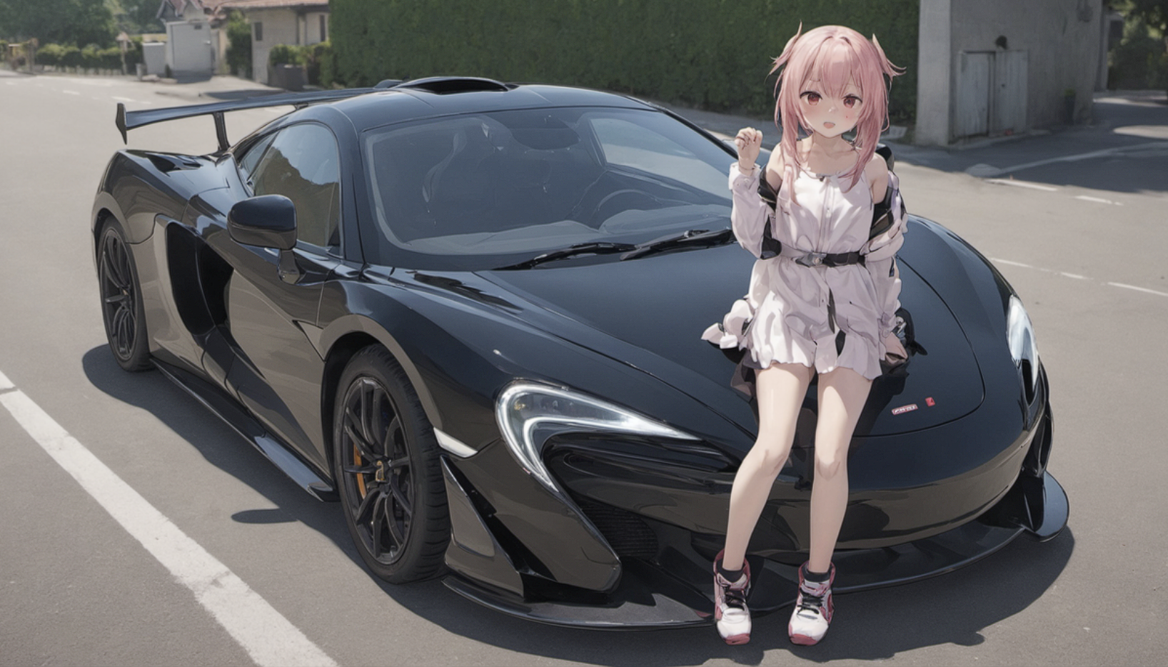 Anime 1636x934 anime girls anime McLaren P1 McLaren sitting on car pink hair black cars AI art digital art
